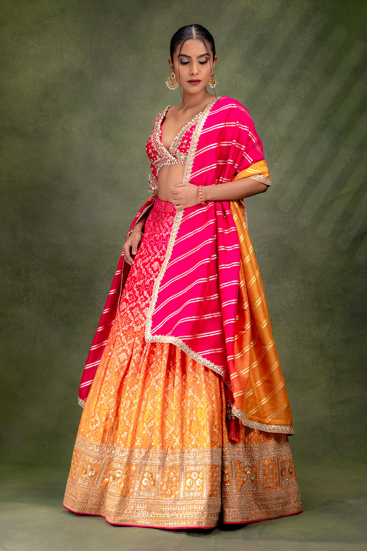 Pink and Yellow Bandhani Lehenga