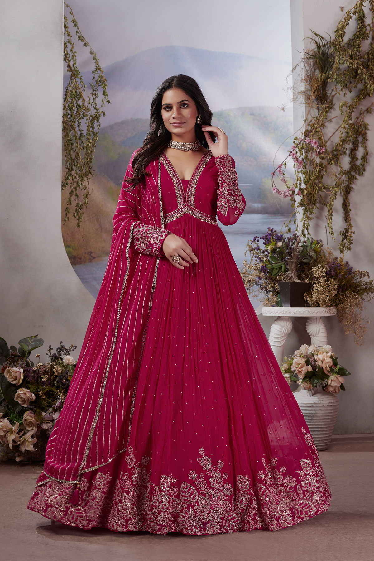 Pink Georgette Embroidery Work Anarkali Gown,Party Wear Gown With Georgette Dupatta, Wedding Wear Salwar Kameez, Festive on sale Wear Gown