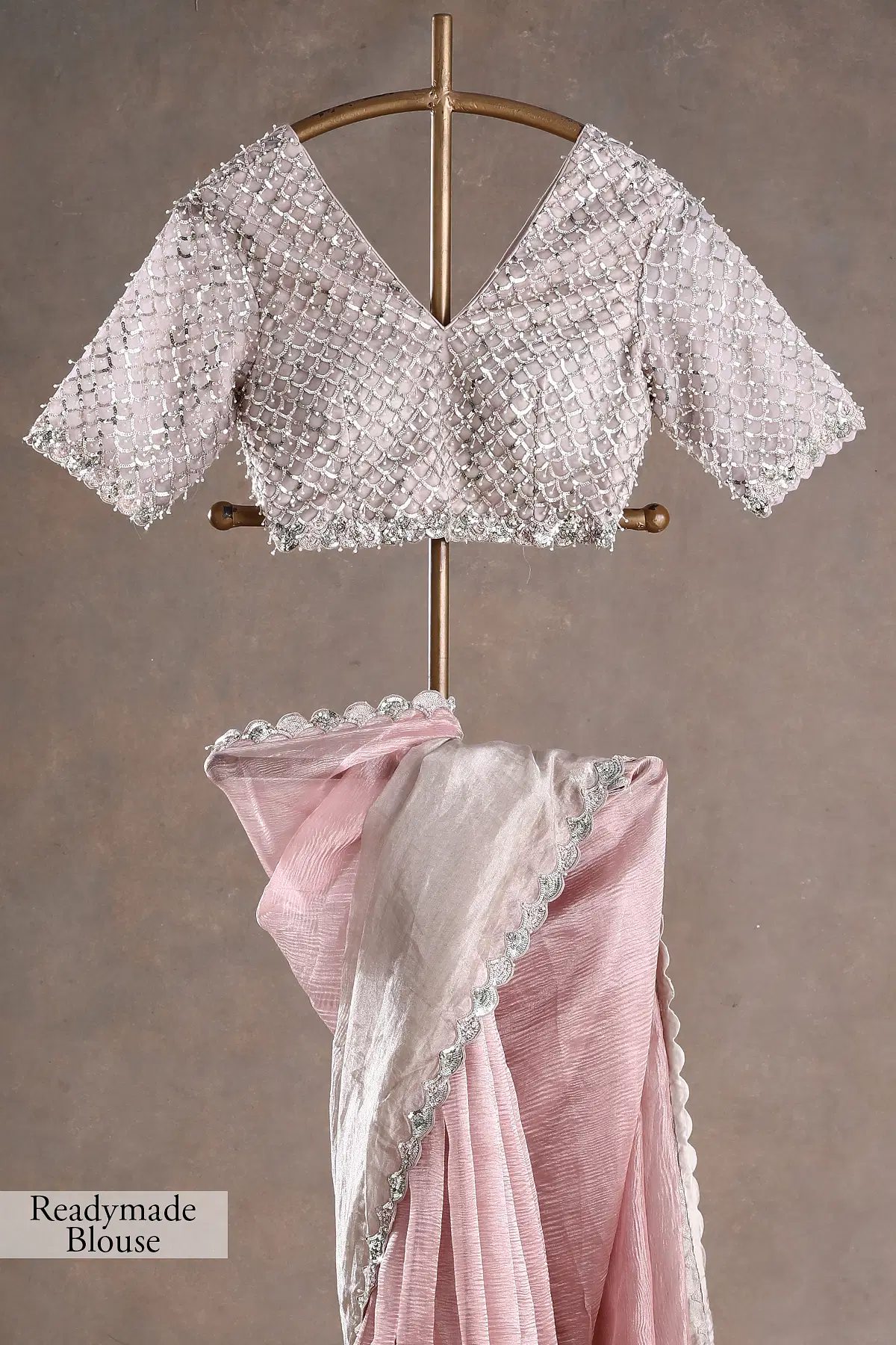 Light online pink blouse with sequin, pearls, silver zari work