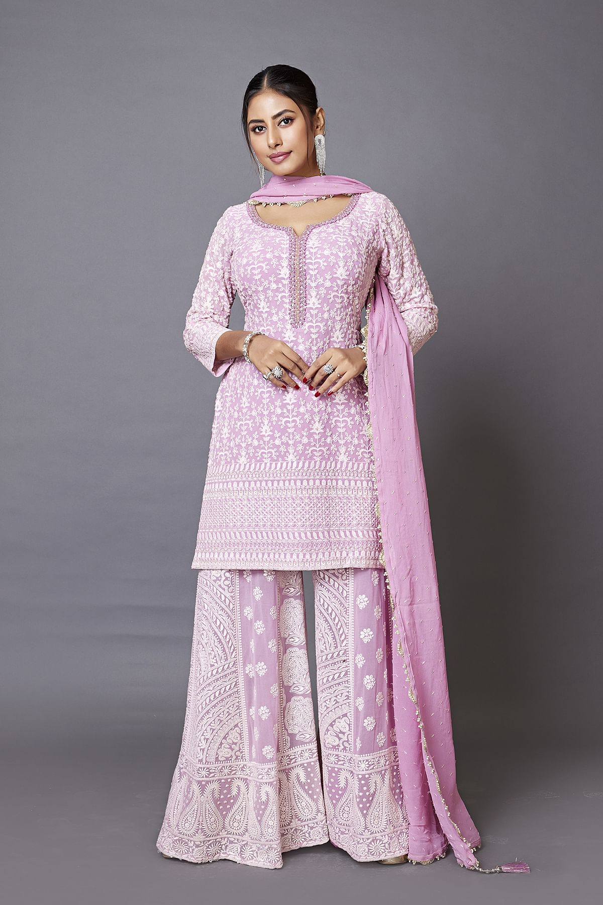 Pink Lavender Georgette Palazzo Suit With Chikankari Work And Slit Neck SL13918