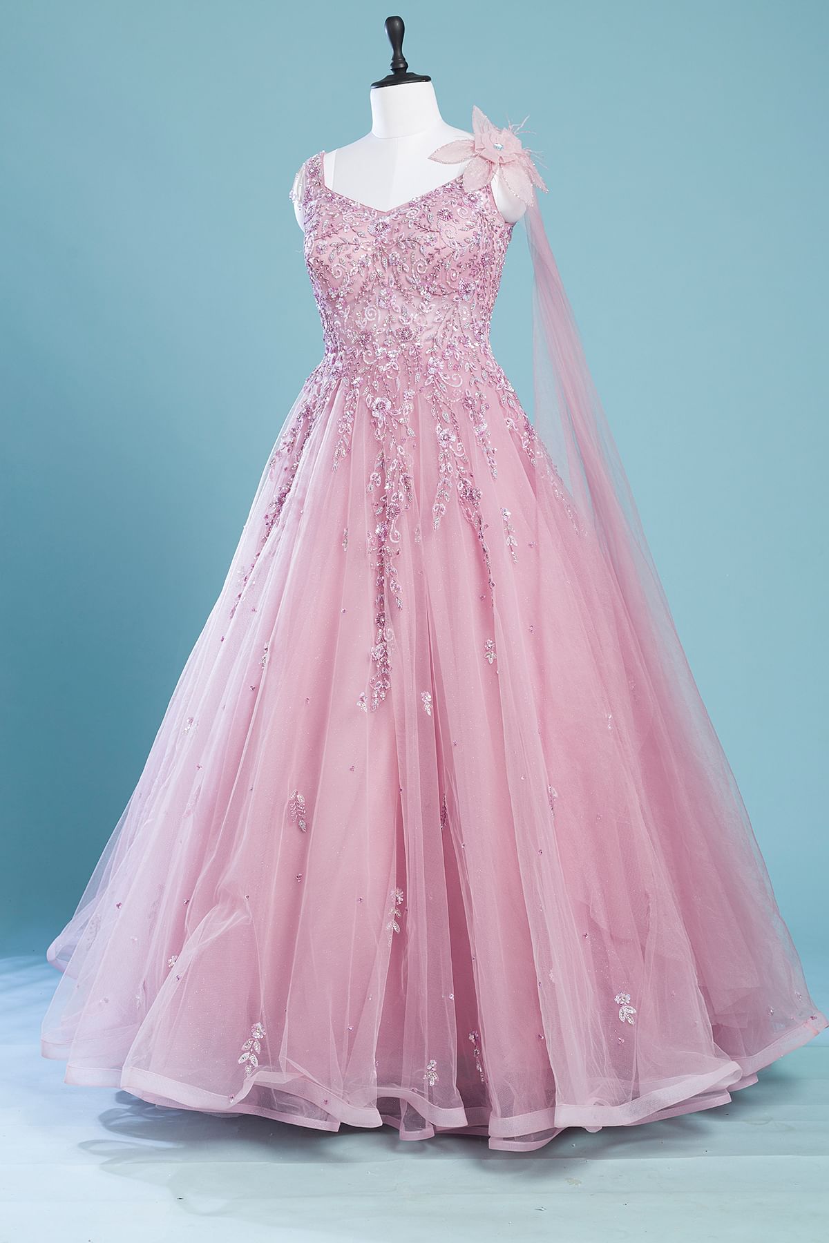 Pink Net Flared Style Indowestern Gown With Assymetric Sleeves GF2458