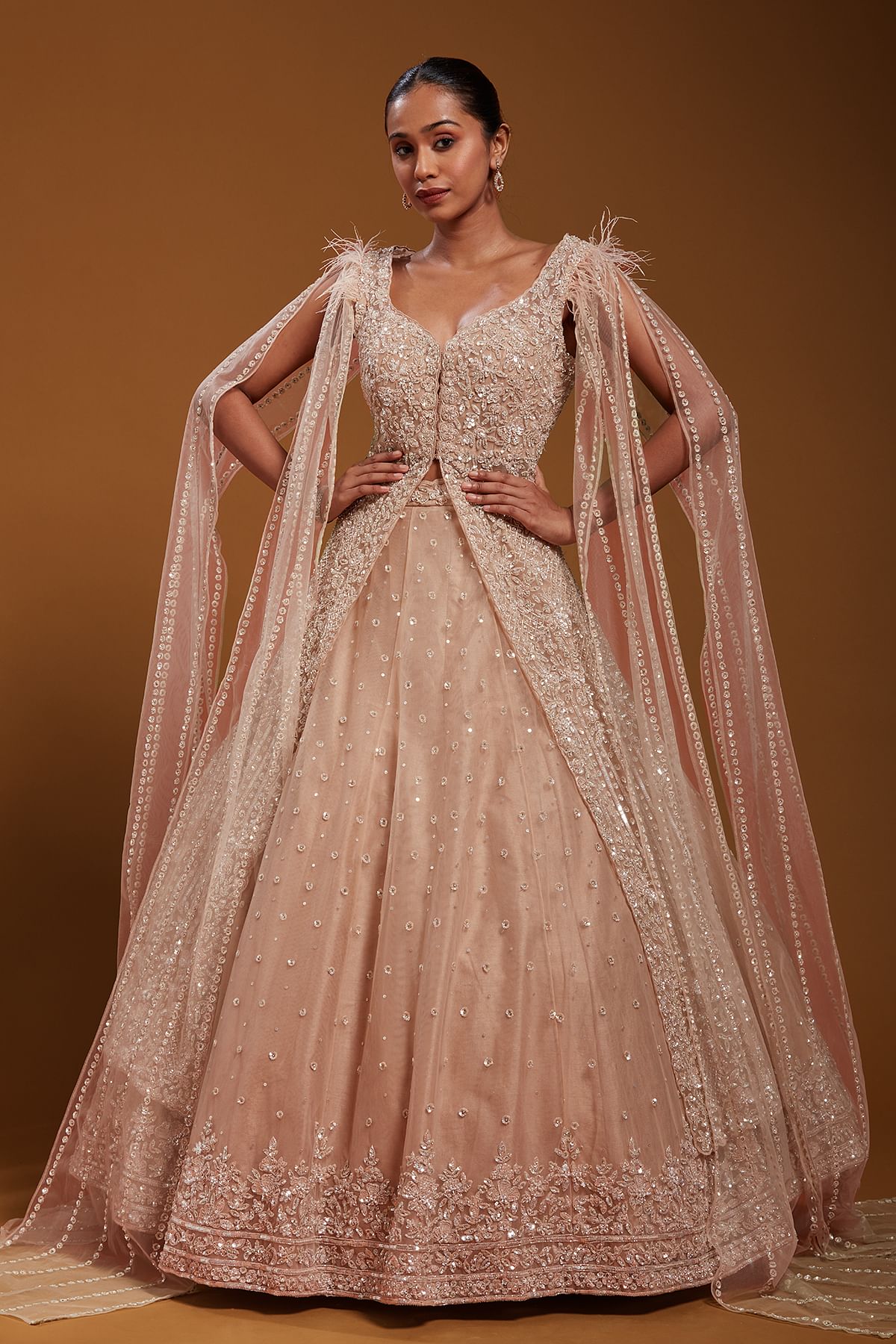 Pink Net Sequins Embroidered Panel Style Indowestern Lehenga with Slit Sleeves-GH5588