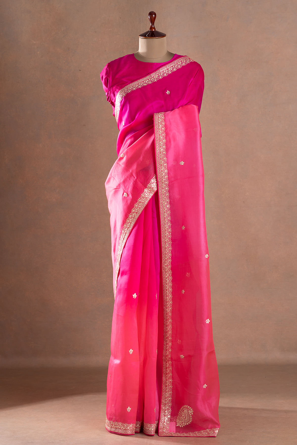 Pink Ombre Zari Embroidered Organza Designer Saree with Unstitched Blouse-JA1753