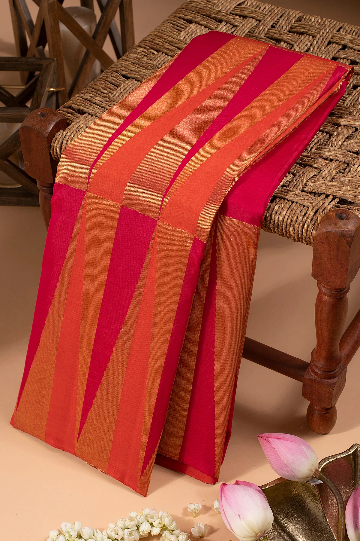 Pink & Orange Kanchipuram Silk Pure Zari Saree With Unstitched Blouse Online at Samyakk