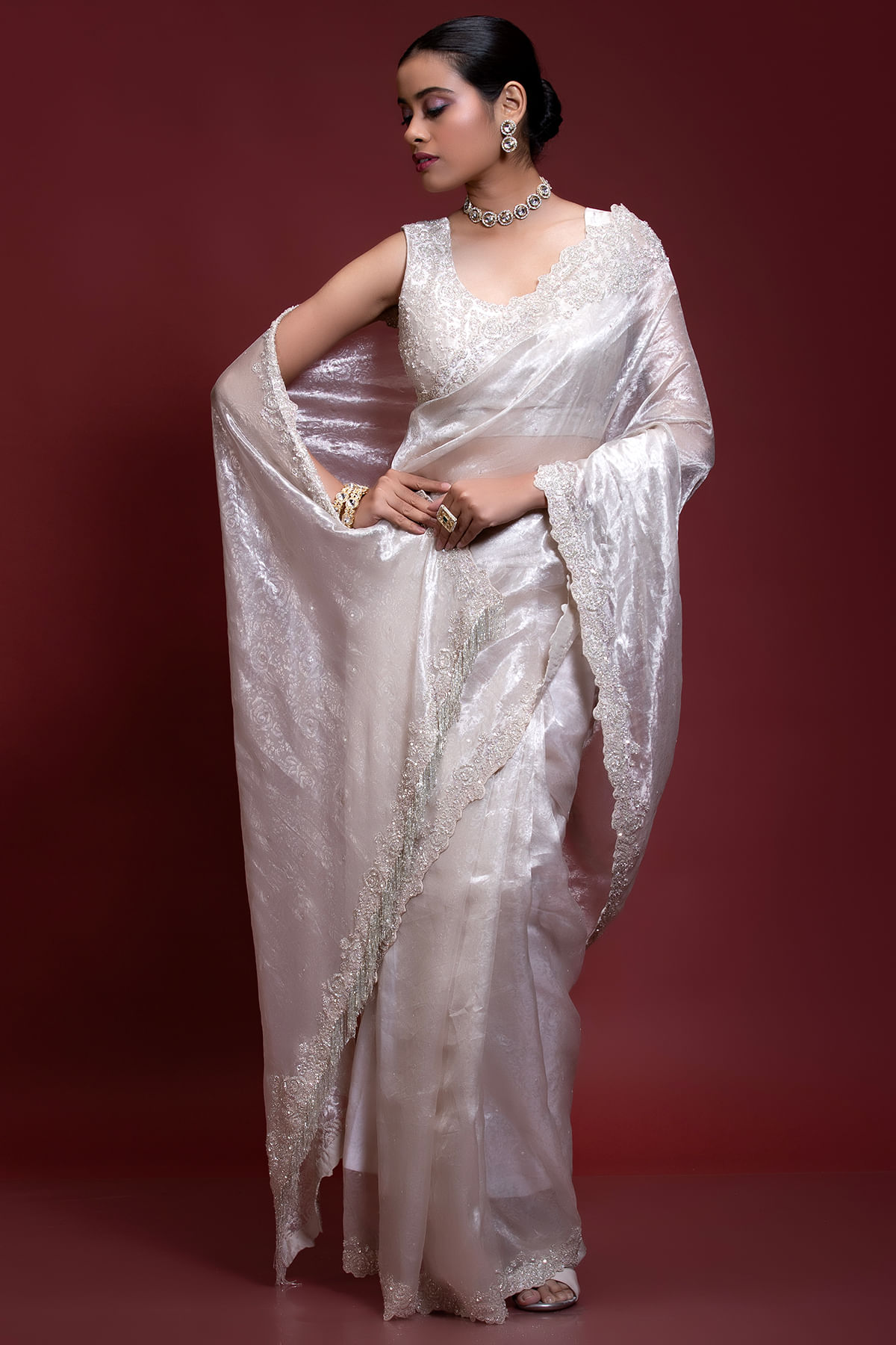 Buy Pink Organza Designer Saree with Sequins Embroidery and U Neck Blouse Online at Samyakk