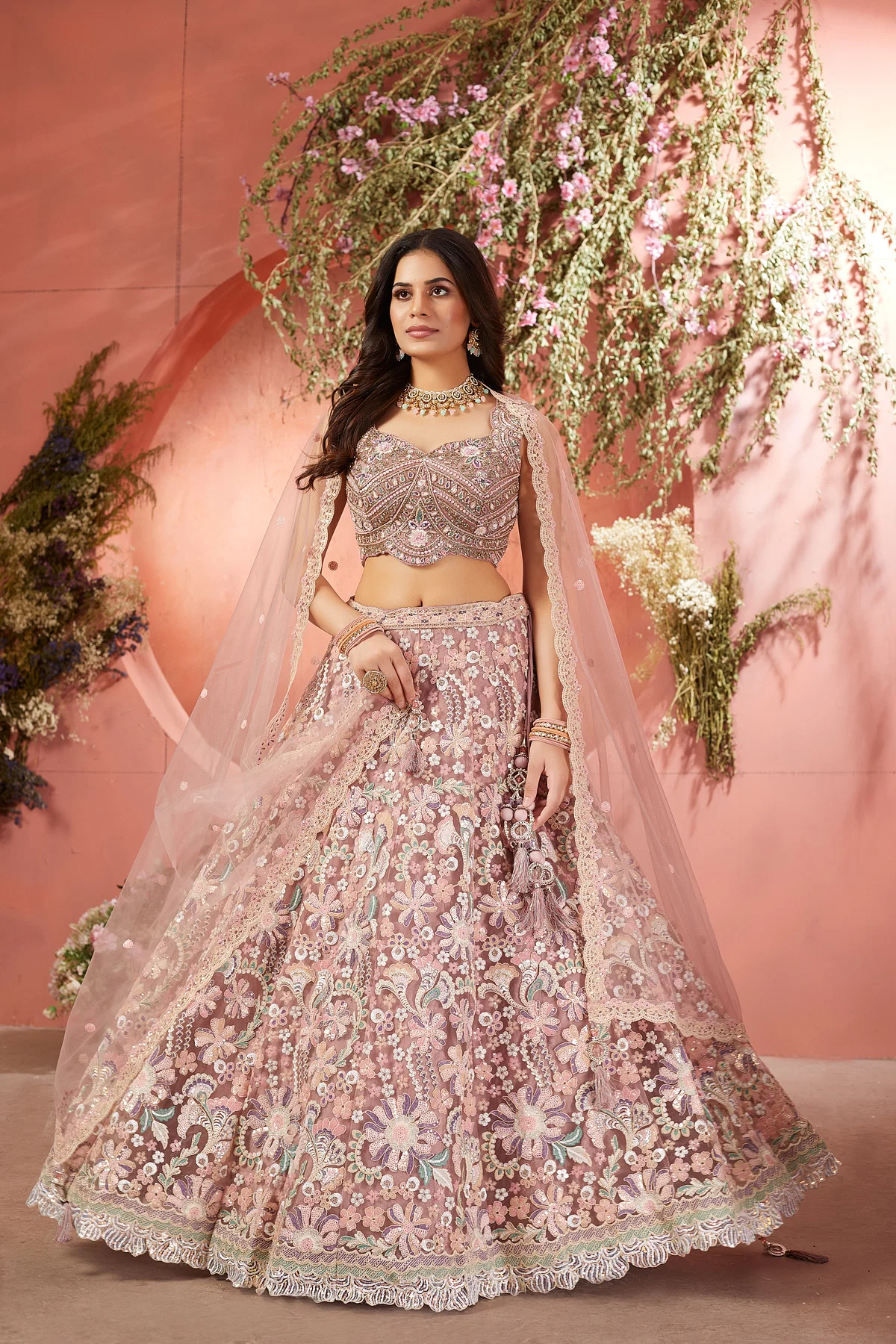 Buy Pink Panel Style Net Sangeet Lehenga With Embroidered Blouse Online Samyakk