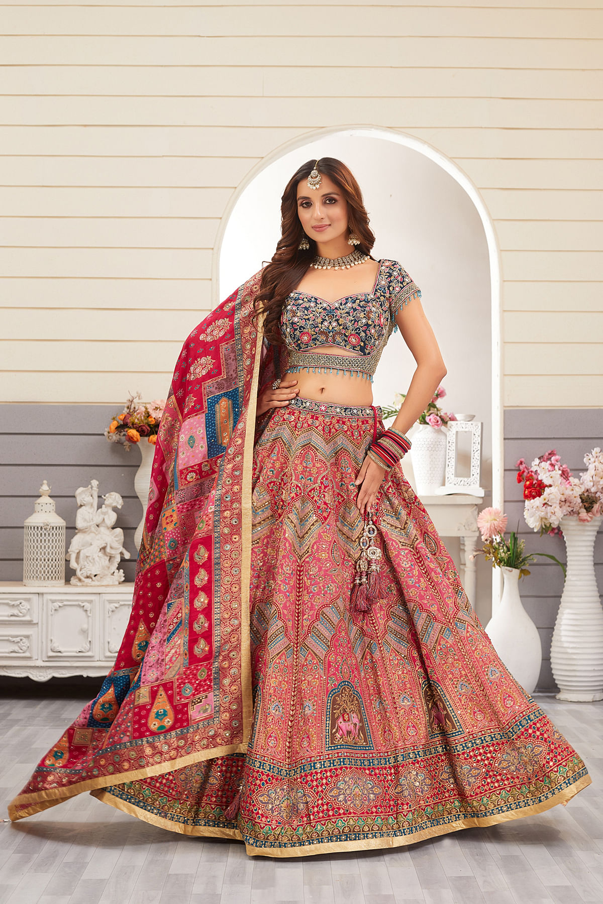 Pink Bridesmaids Lehenga with sweet heart neck