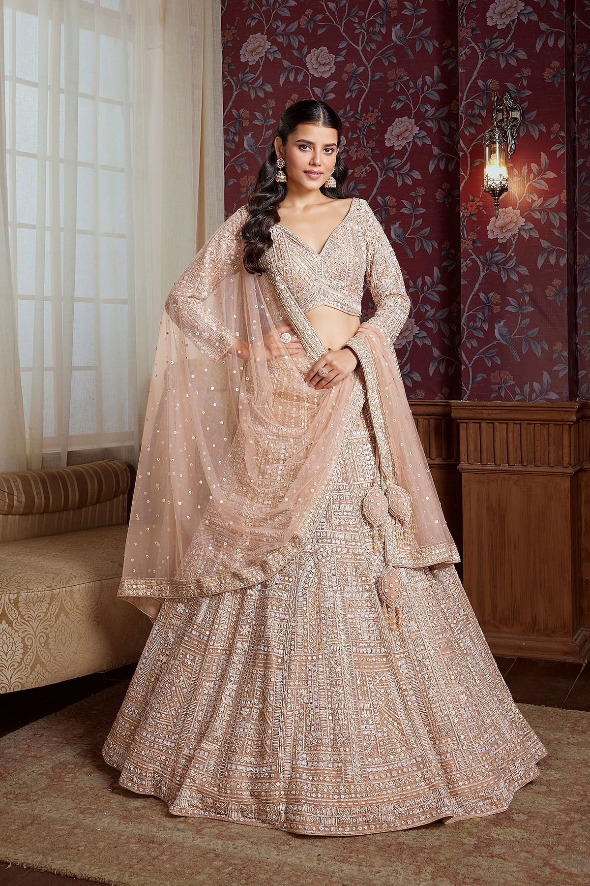 Buy Pink Reception Lehenga with Sequins Embroidery and Deep V Neck Blouse Online at Samyakk