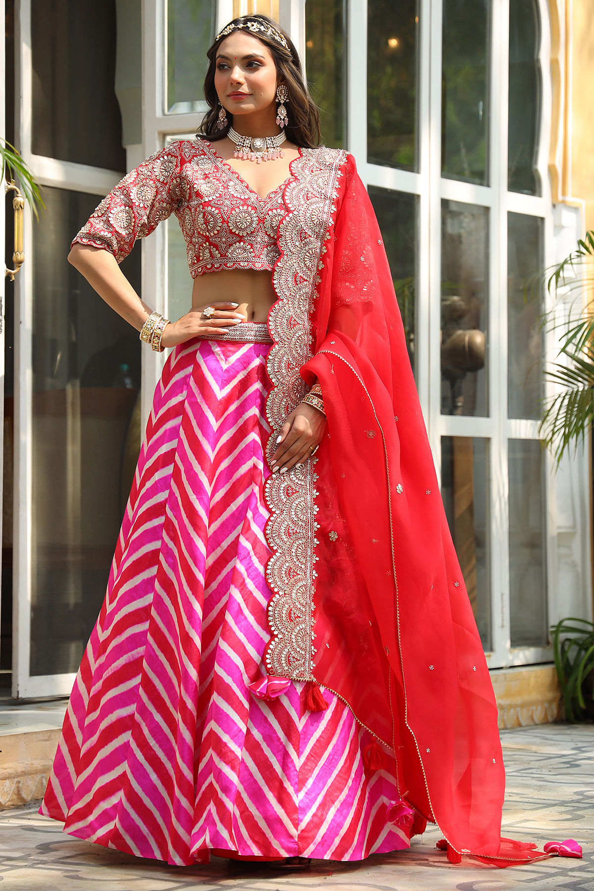 Pink & Red Dori Embroidered Silk Party Wear Lehenga Online at Samyakk