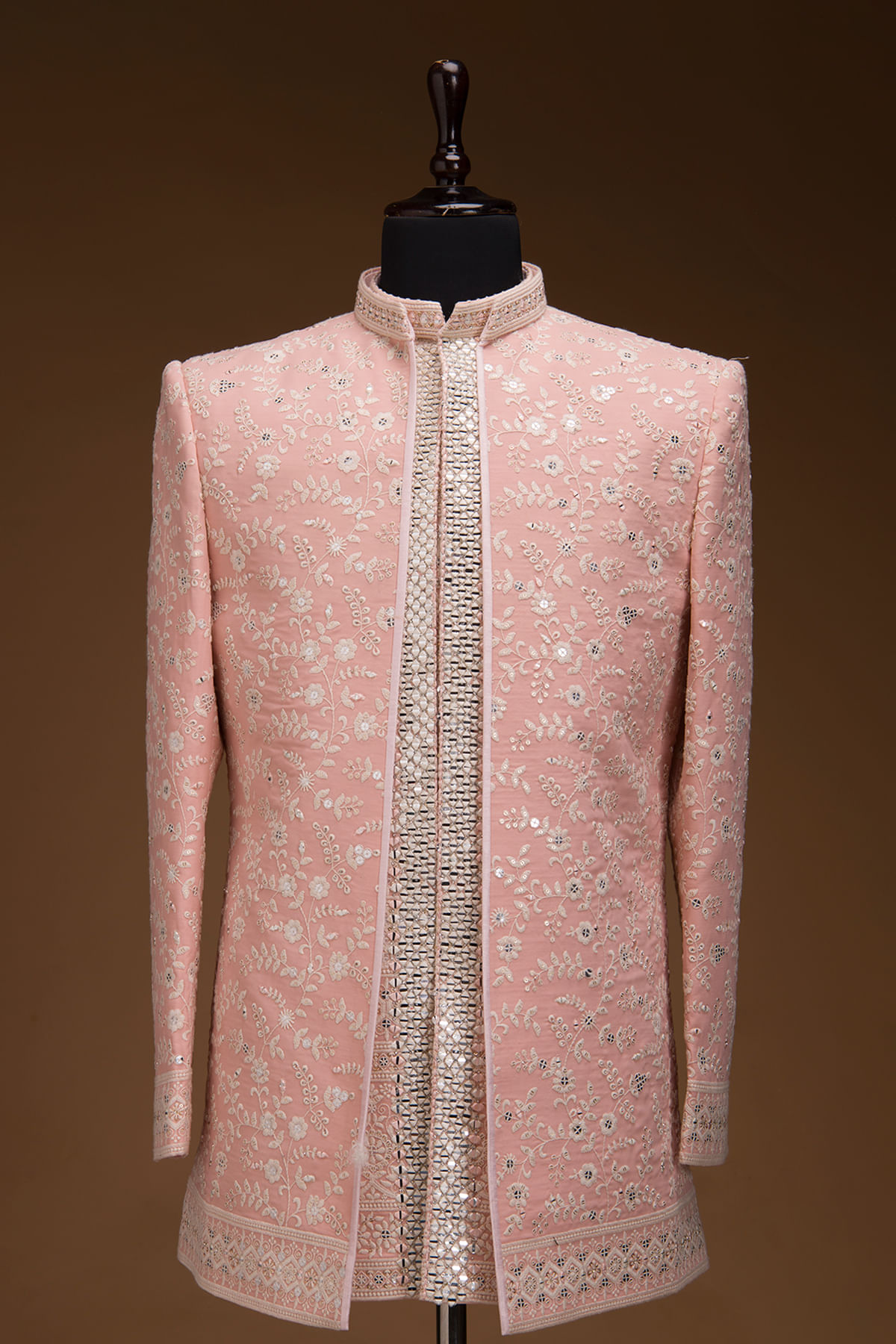 Pink Resham Embroidered Georgette Jodhpuri Suit with Stand Up Collar-GJ1322