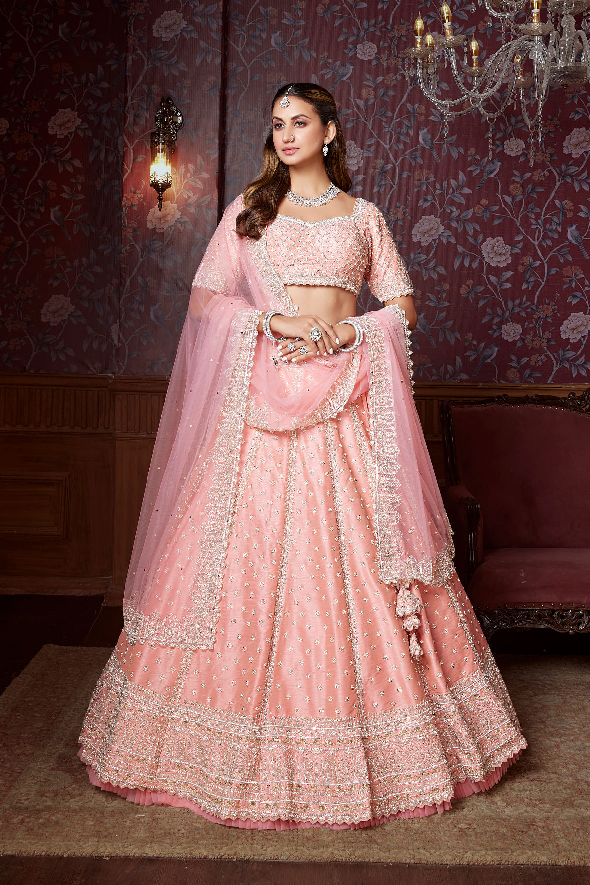 Buy Pink Sangeet Lehenga with Sequins Embroidery and Pentagon Neck Blouse Online at Samyakk