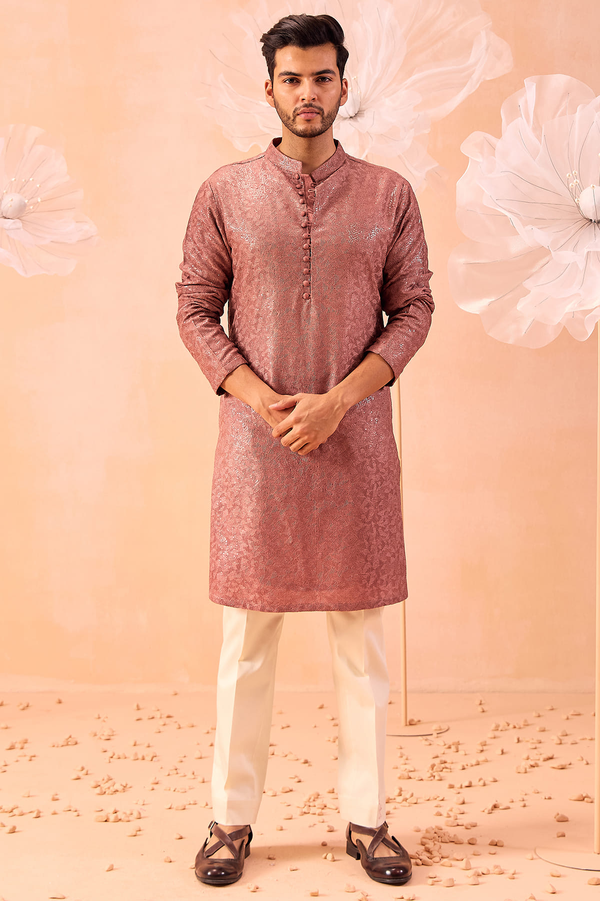 Pink Silk Sequins Embroidered Kurta-KR1103