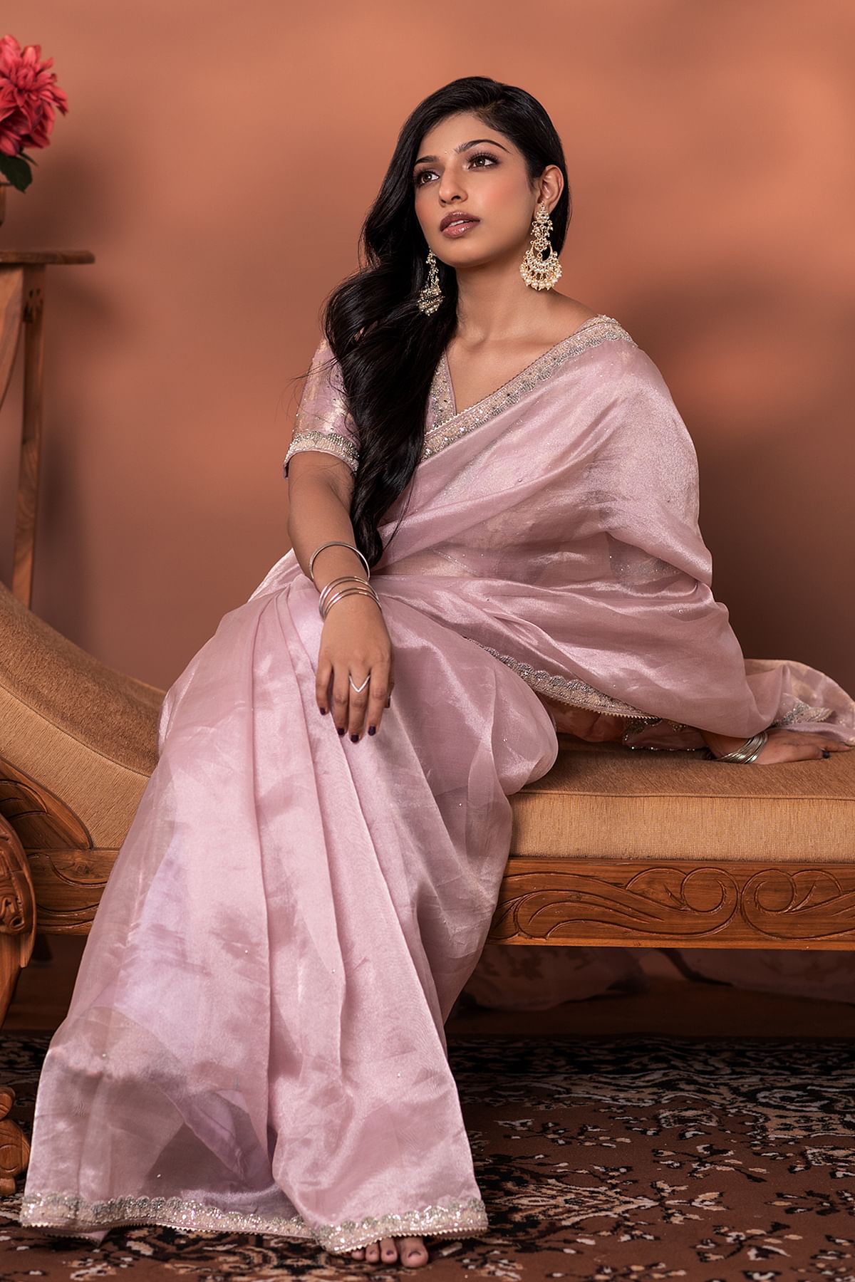 Buy Pink Tissue Organza Designer Saree With Sequins Work And Ready Blouse Online Samyakk