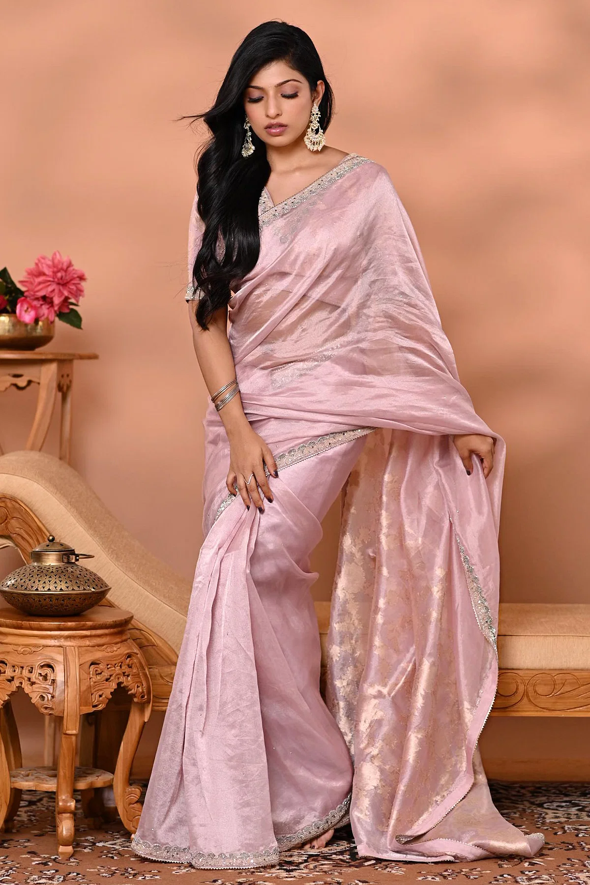 Pink Tissue Organza Designer Saree With Sequins Work And Ready Blouse