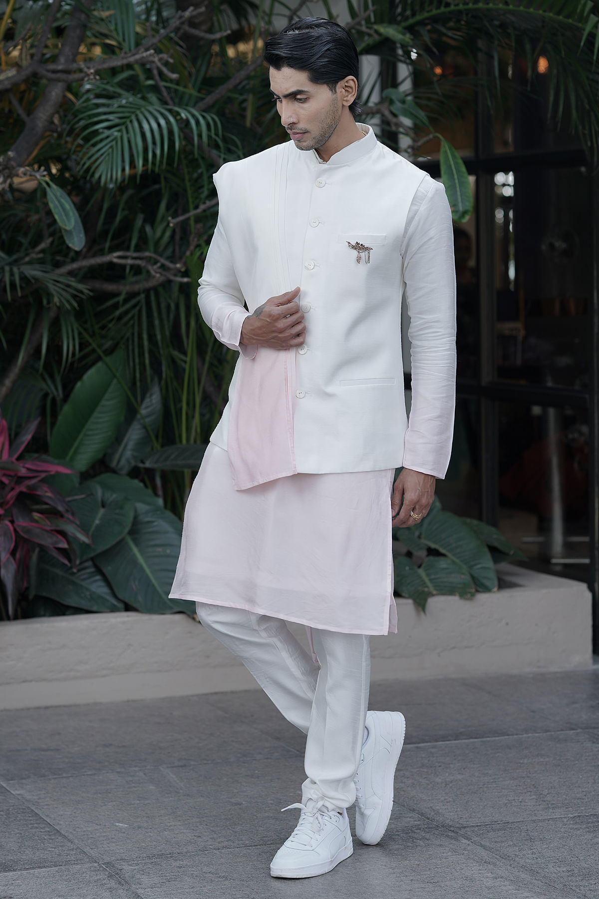 White Straight Cut Kurta With Waistcoat