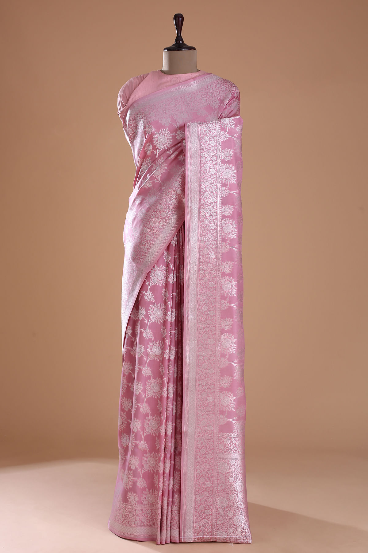 Pink Zari Woven Banarasi Silk Saree With Unstitched Blouse by Samyakk