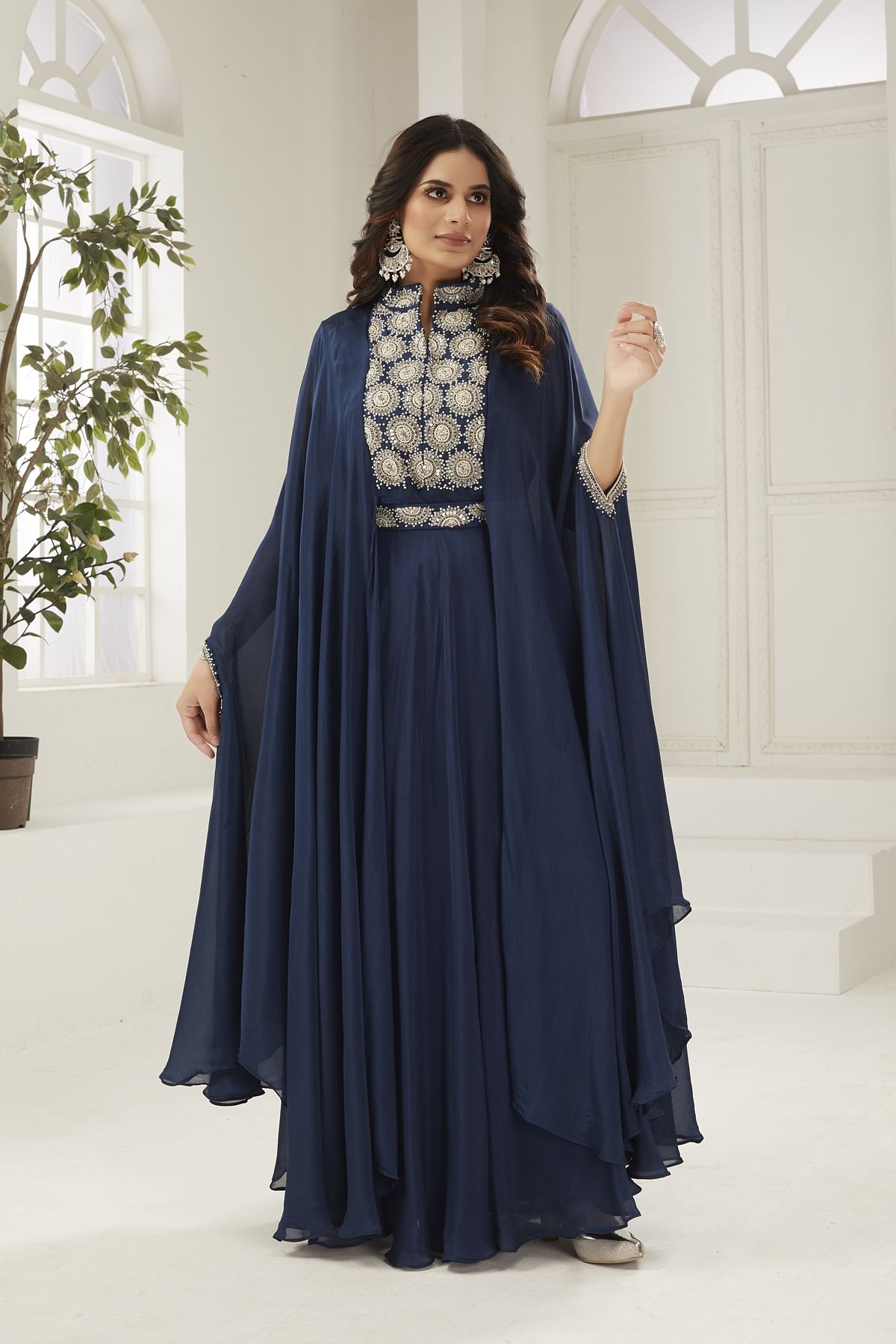 Buy Prussian Blue Sequins Embroidered Crepe Engagement Salwar Kameez Online Samyakk