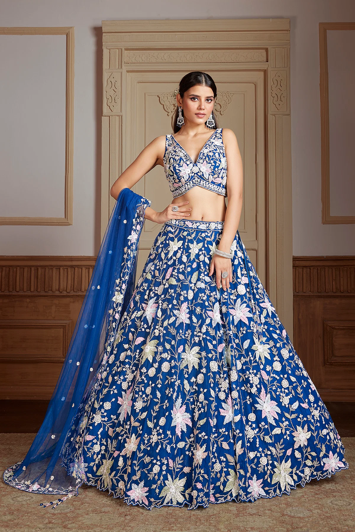 Buy Prussian Blue Umbrella Style Net Sangeet Lehenga With Embroidered V Neck Blouse Online at Samyakk