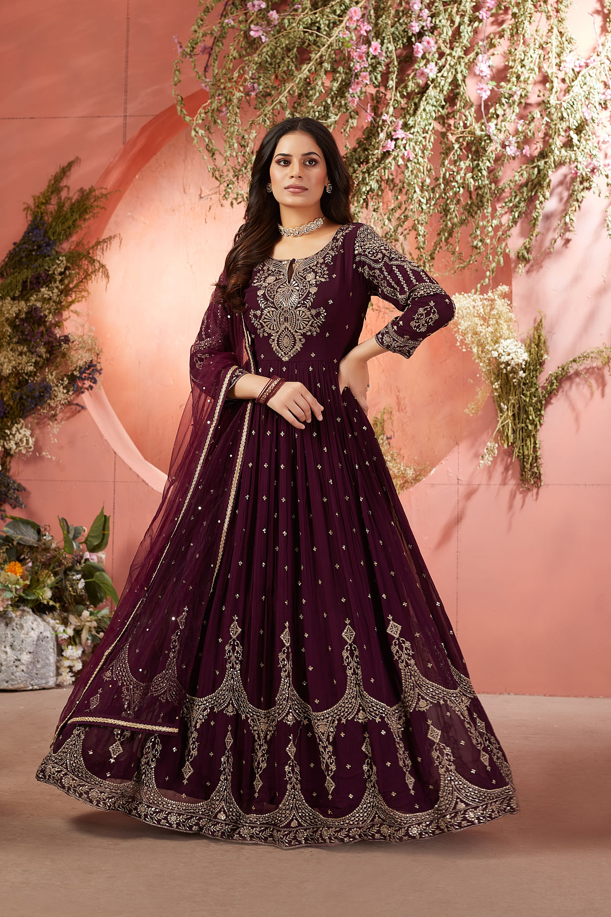 Buy Purple Georgette Anarkali Salwar With Sequins Work And Keyhole Neck Online at Samyakk