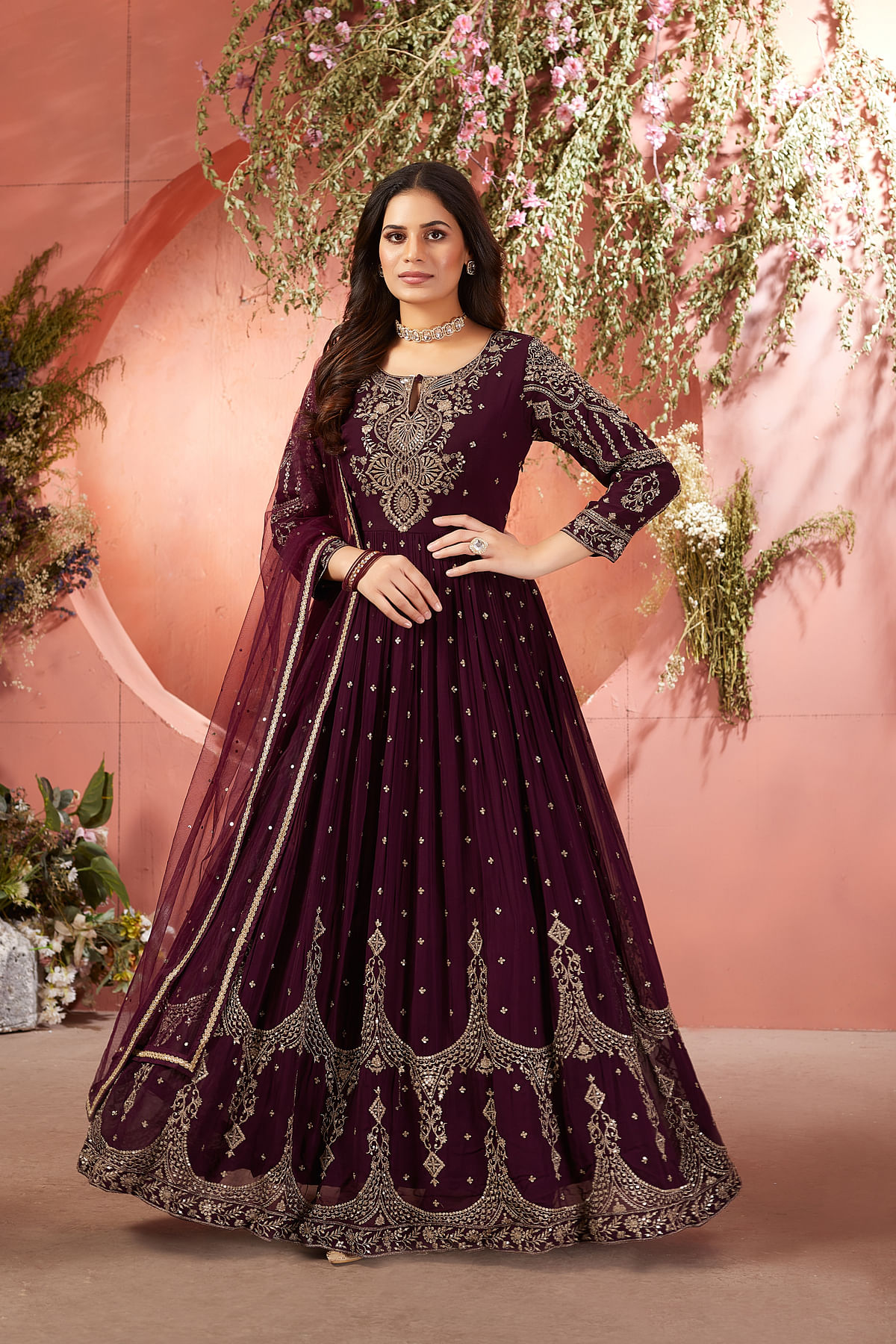 Purple Georgette Anarkali Salwar With Sequins Work And Keyhole Neck Online at Samyakk