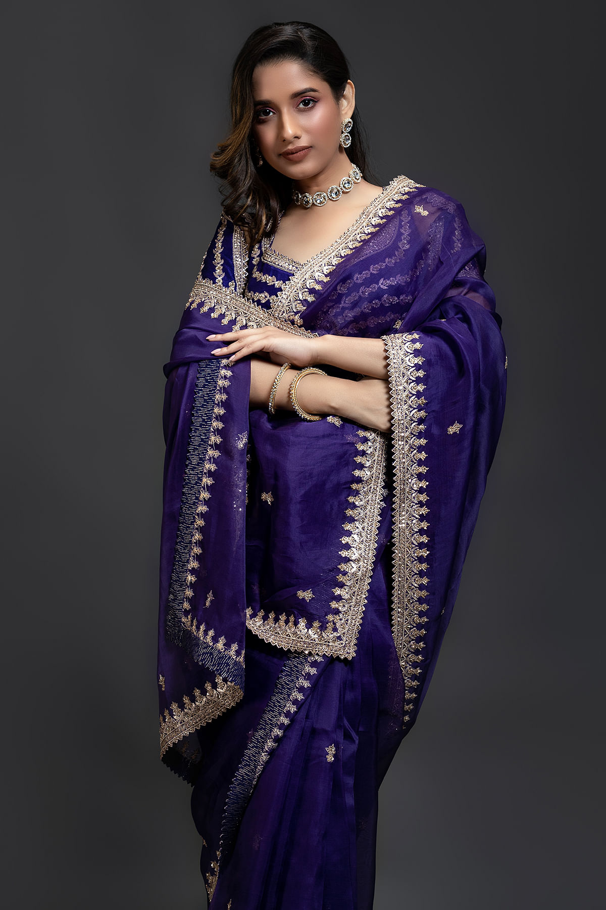 Traditional Purple Organza Saree Embroidery offers With Butti Sequence Work Saree With Blouse Piece For Function Saree|Party Wear Saree