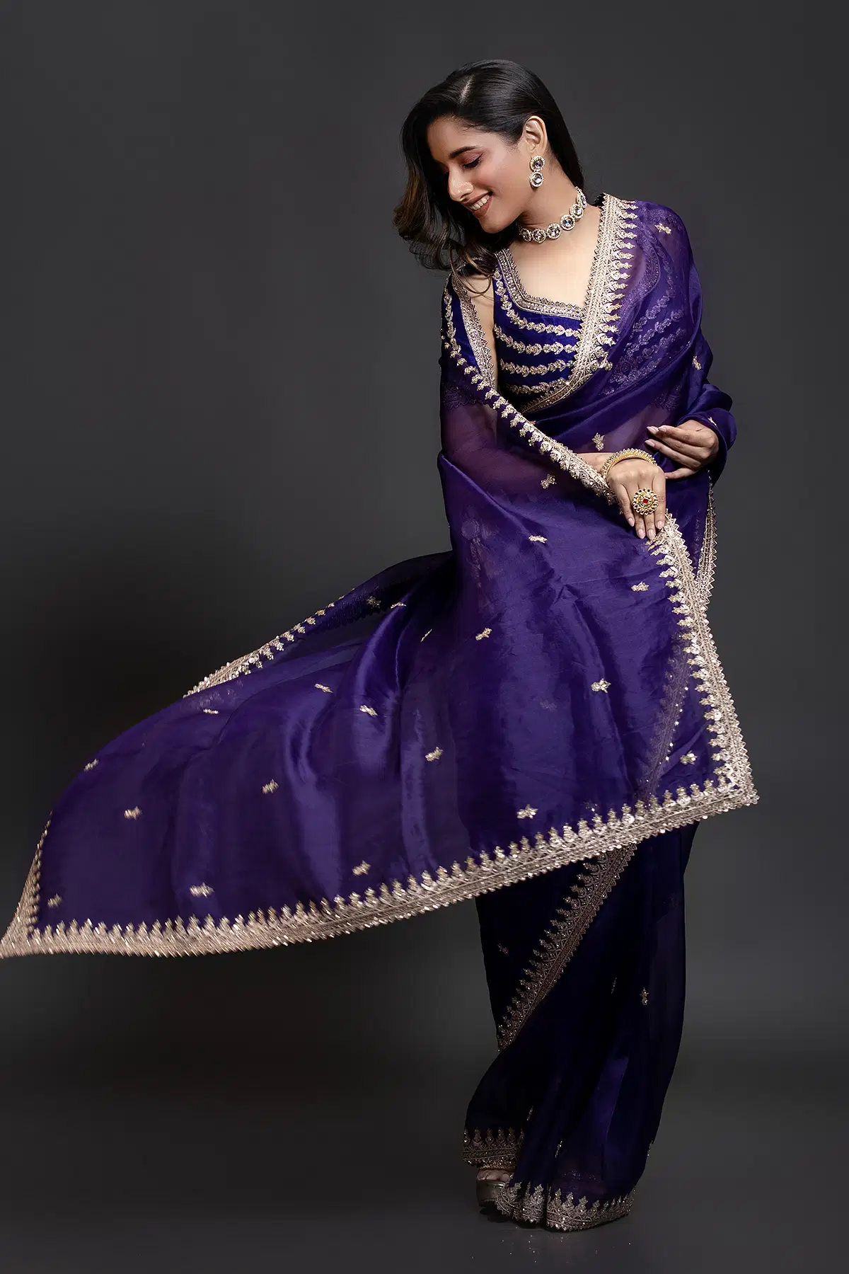 Traditional Purple Organza Saree discount Embroidery With Butti Sequence Work Saree With Blouse Piece For Function Saree|Party Wear Saree