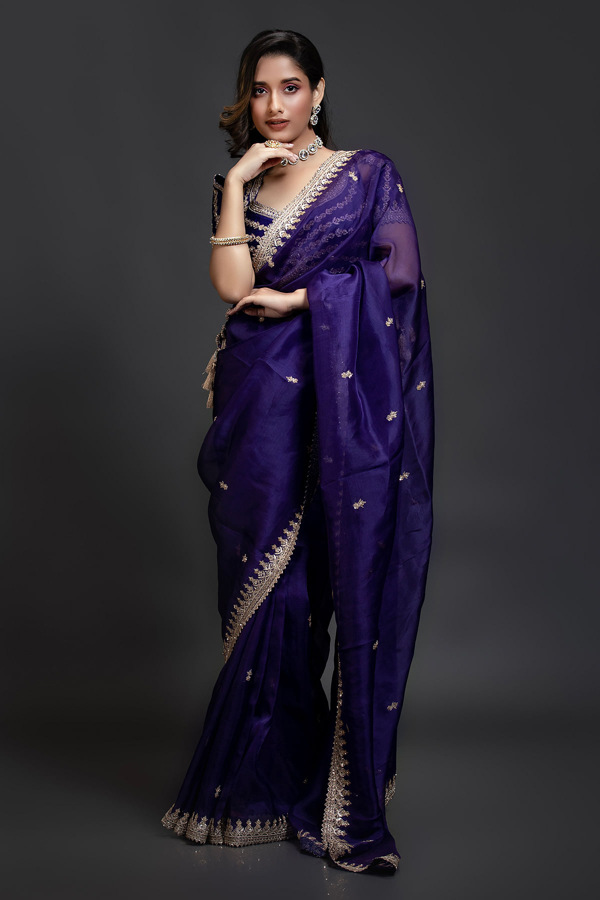 Buy Purple Organza Designer Saree With Sequins Work And Readymade Blouse Online at Samyakk