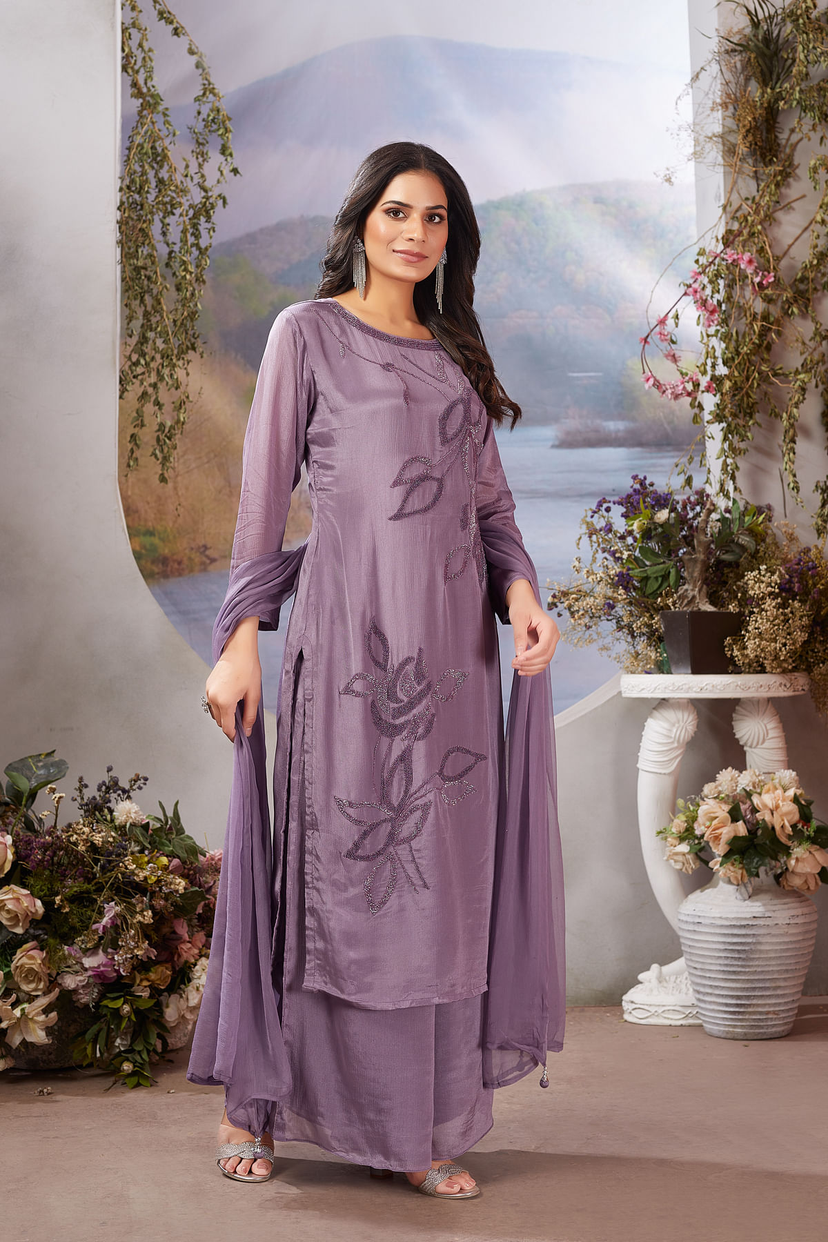 Purple Palazzo Suit With Cutdana Embroidery Online at Samyakk