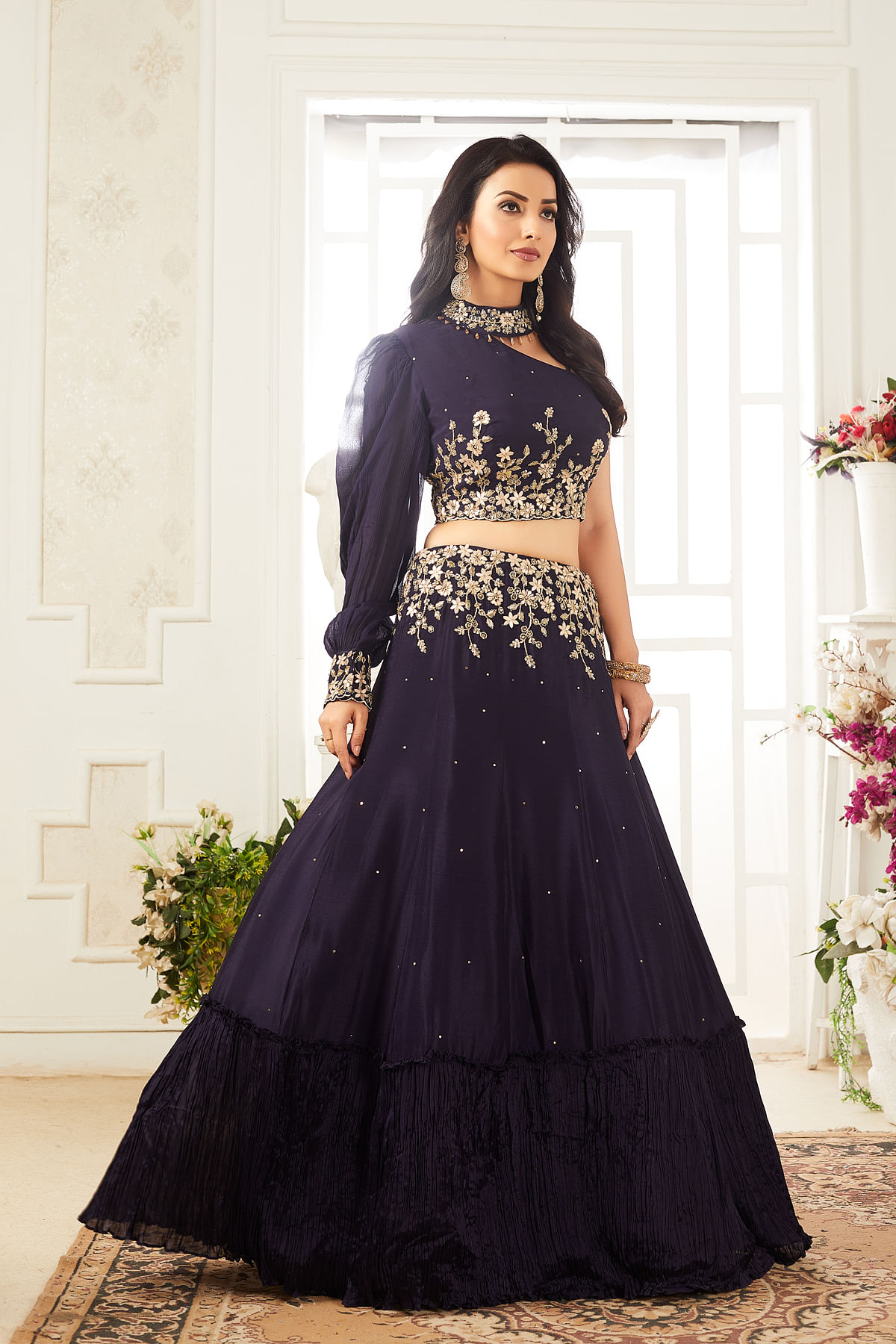 Purple Panel Style Crepe Party Wear Lehenga With Embroidered One Shoulder Blouse