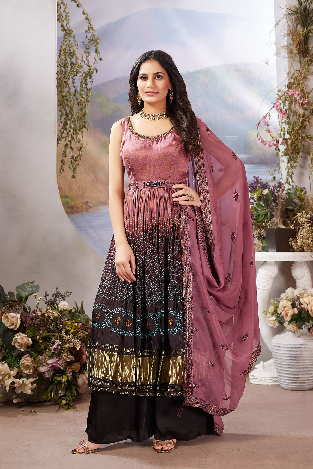 Purple Silk Party Wear Salwar Kameez With Sequins work And Leaf Neck Online at Samyakk