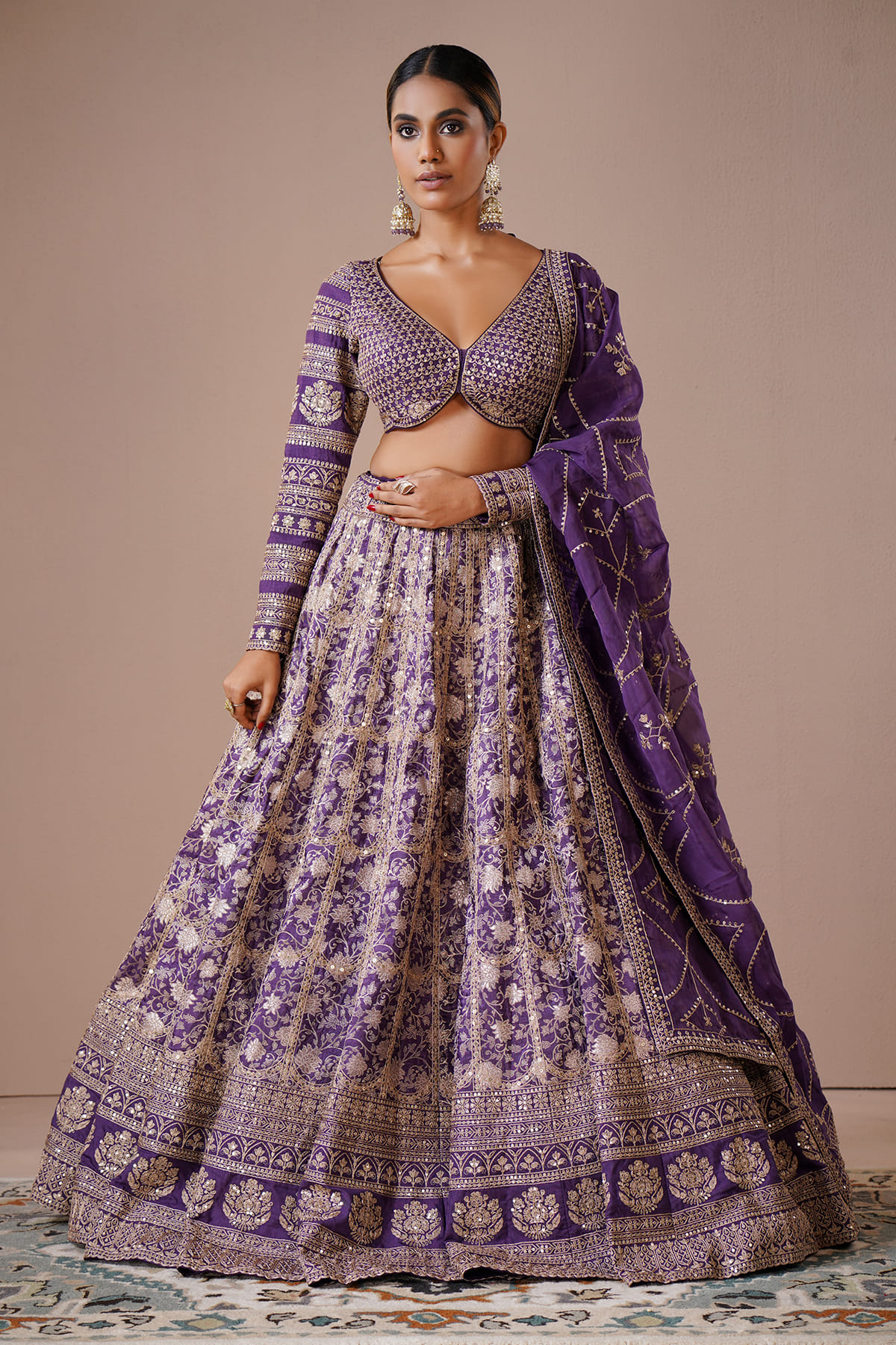 High Neck Long Sleeve Lehenga Blouse Buy Purple Violet Silk