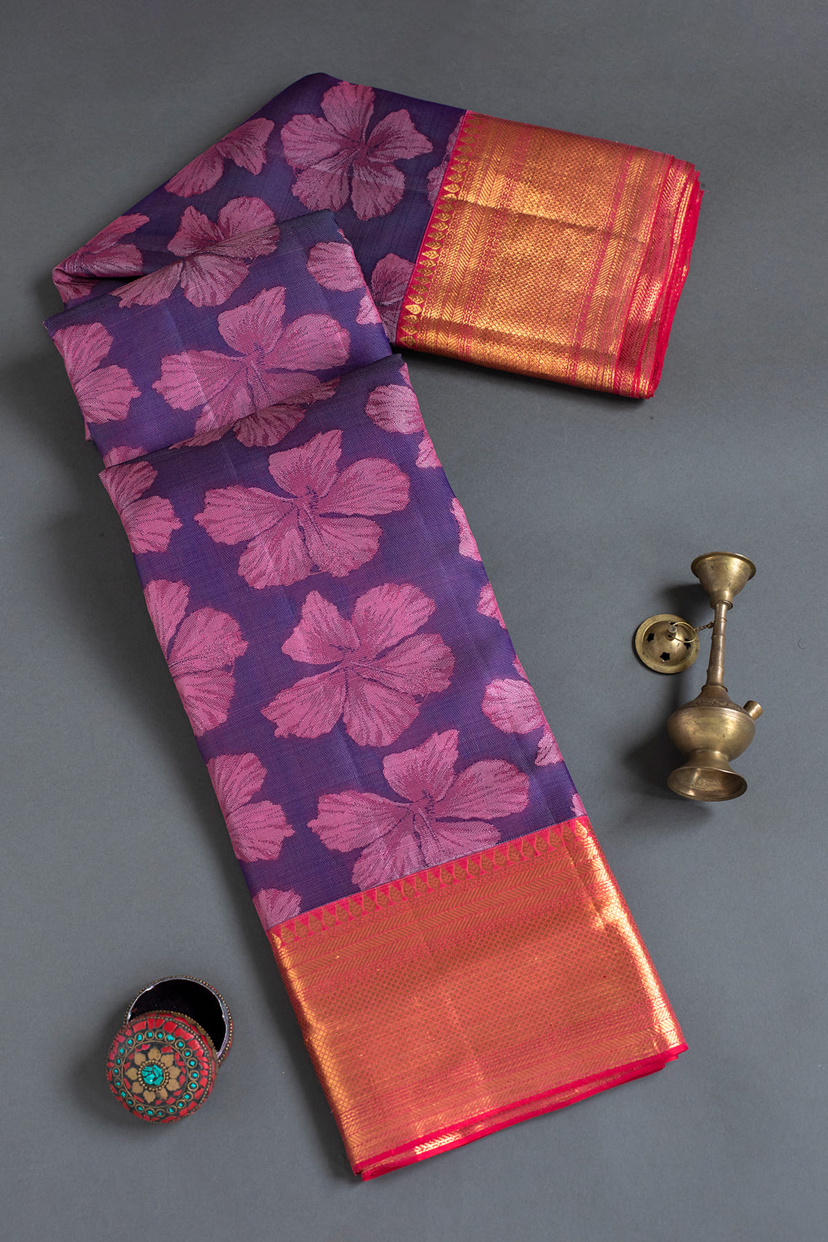 Purple Kanchipuram Silk Saree with Fancy Zari Checks and Zari Border