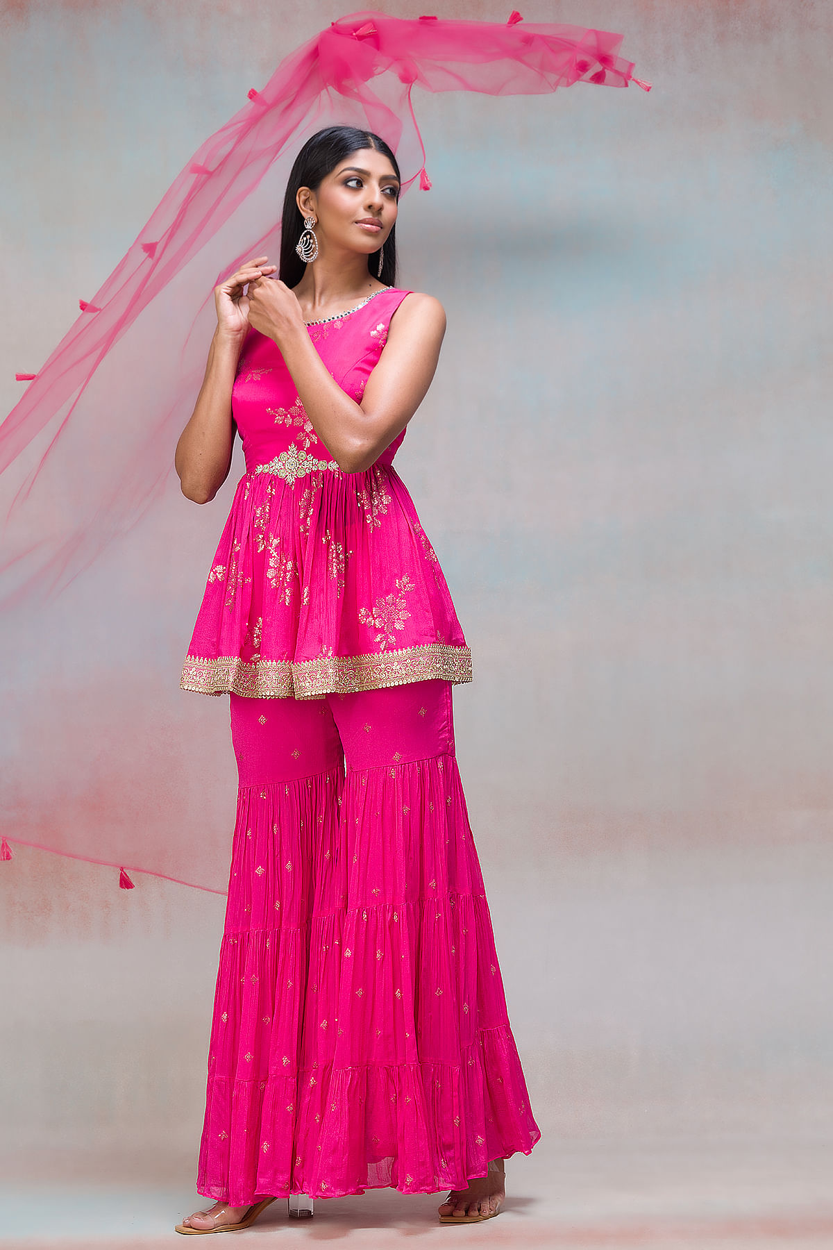 Buy Raspberry Sorbet Pink Sequins Embroidered Crepe Sharara Suit Online at Samyakk