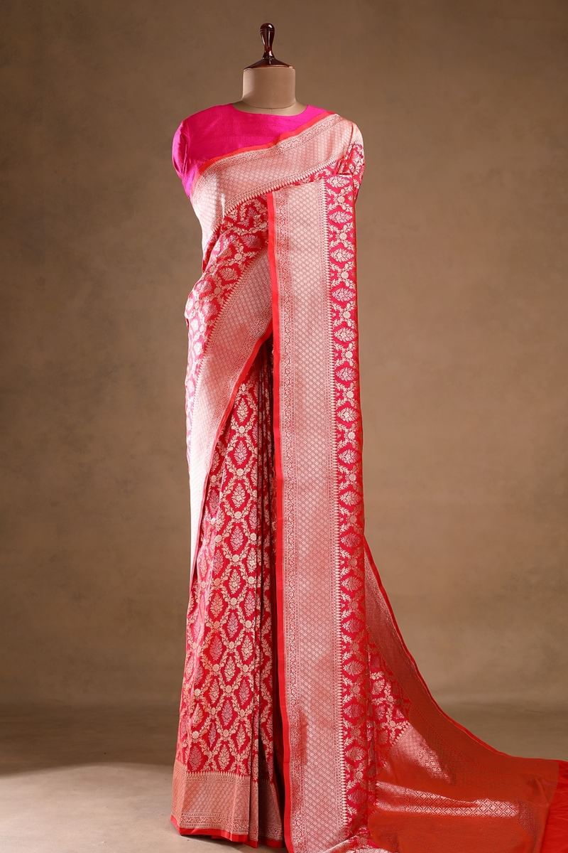 Red and Pink Banarasi Silk Saree 