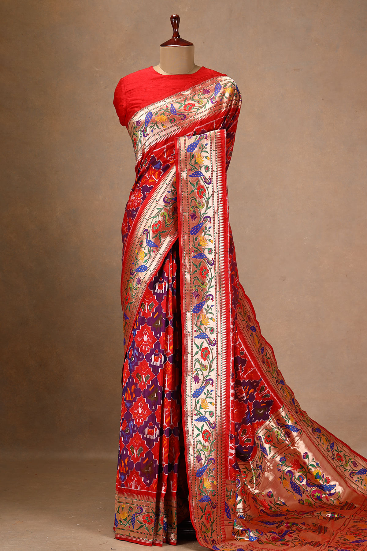 Red and Purple Zari Woven Banarasi Ikkat Silk Saree with Meenakari Border-GK2253