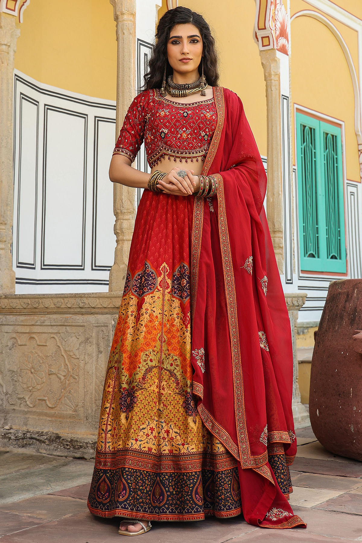 Heavy Dupatta Lehenga Shawl Wearing Model Buy Red And Yellow