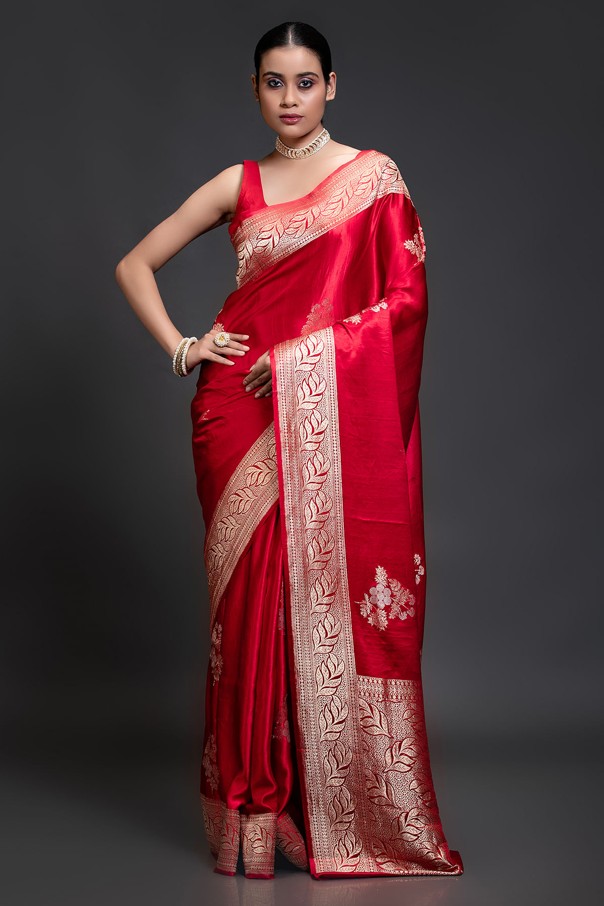 Buy Red Banarasi Satin Silk Saree with Zari Woven and Unstitched Blouse Online at Samyakk