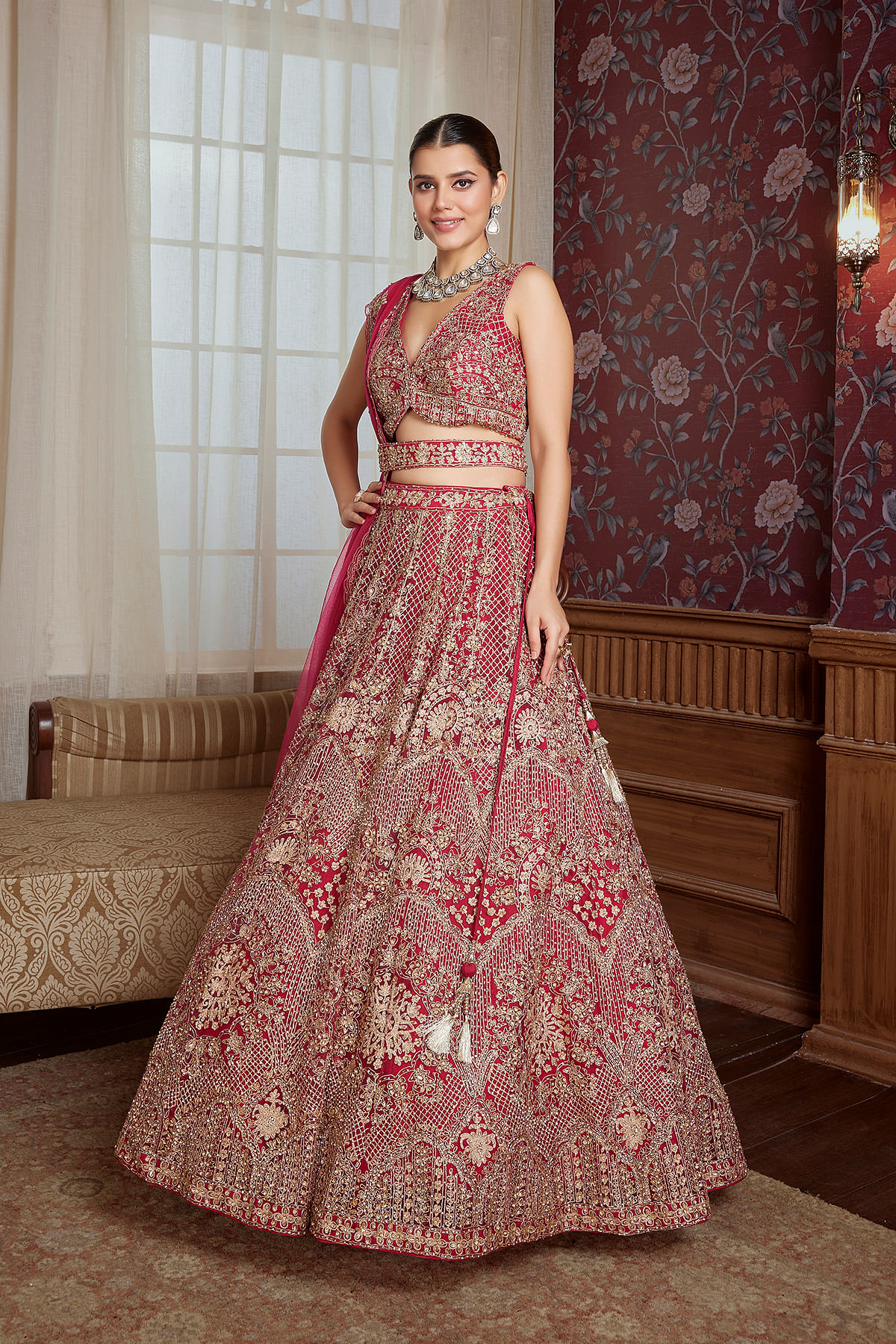 Buy Red Designer Lehenga with Dori Work and Deep V Neck Blouse Online at Samyakk