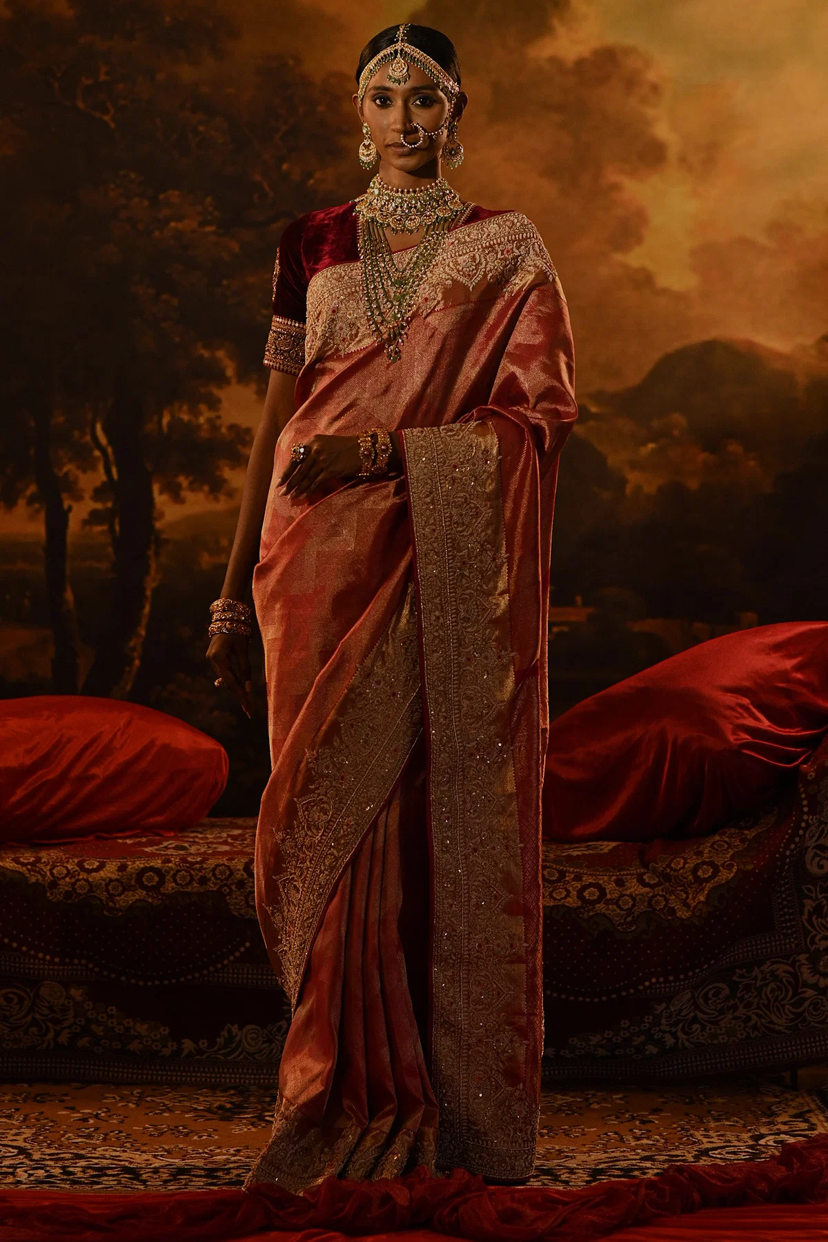 Red Kanchipuram Silk Saree With Sequins Work And Unstitched Blouse Online at Samyakk