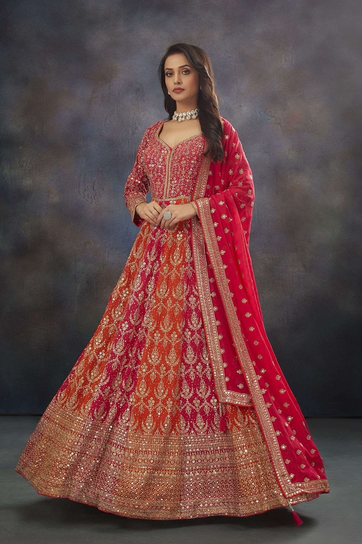 Pink & Orange Sequins Embroidered Silk Anarkali Salwars -NH1341