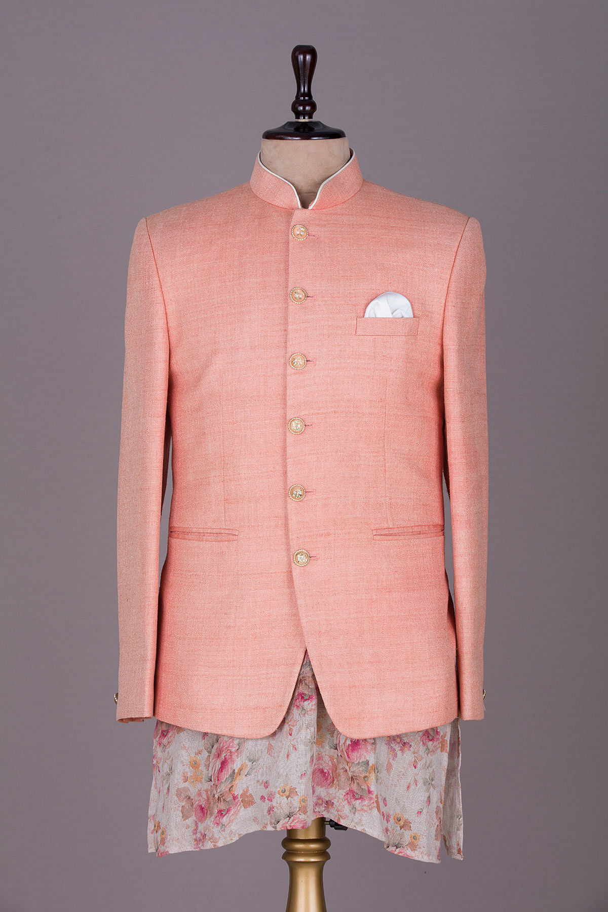 Peach Silk Printed Jodhpuri Bandgala Set Design by RIYAASAT at Pernia's Pop  Up Shop 2024