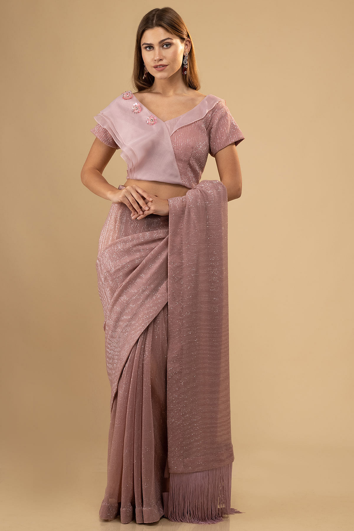 Buy Onion Pink Color Sequins Work Lycra Saree Party Wear Online at Best  Price