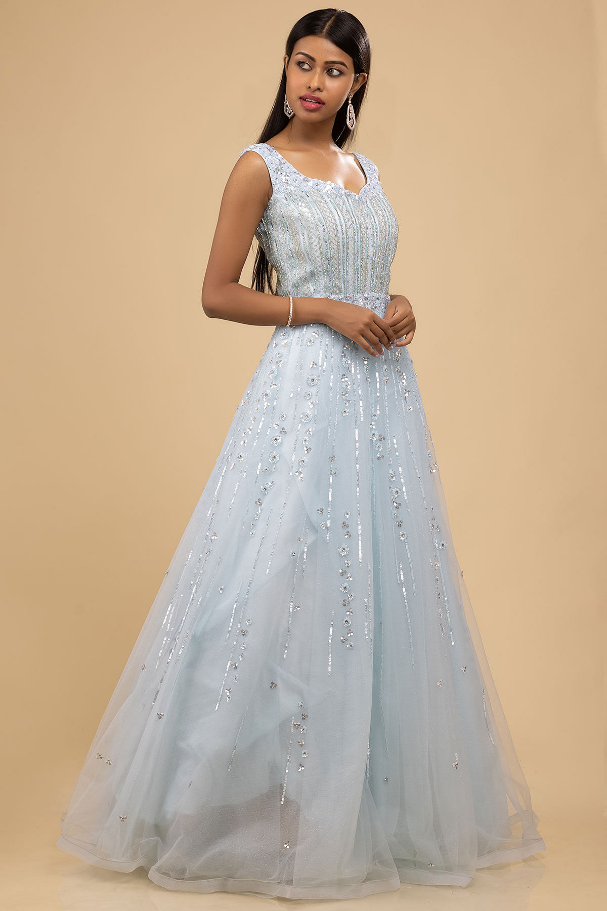 Baby Blue Sequins Embroidered Net Evening Gown Online at Samyakk