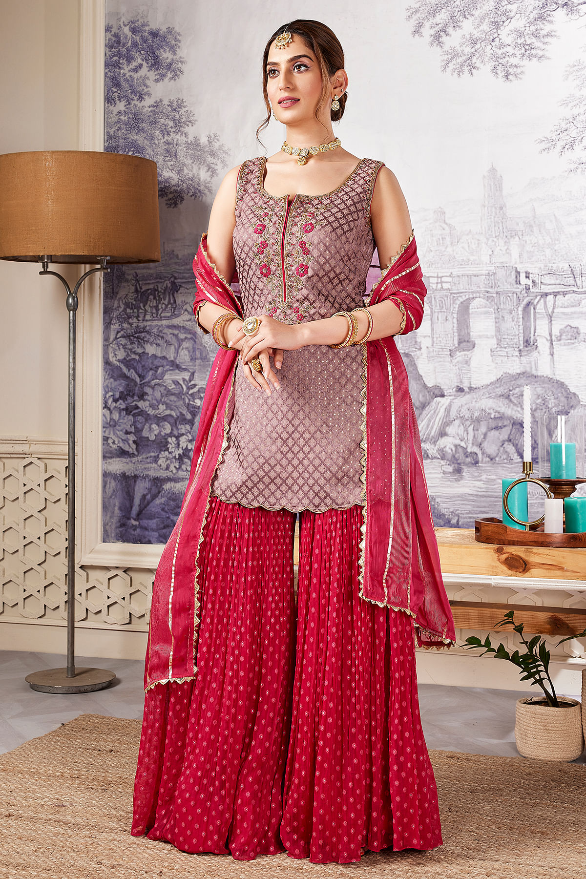 Buy Rose Elegance Pink Resham Embroidered Silk Sharara Suit Online at Samyakk