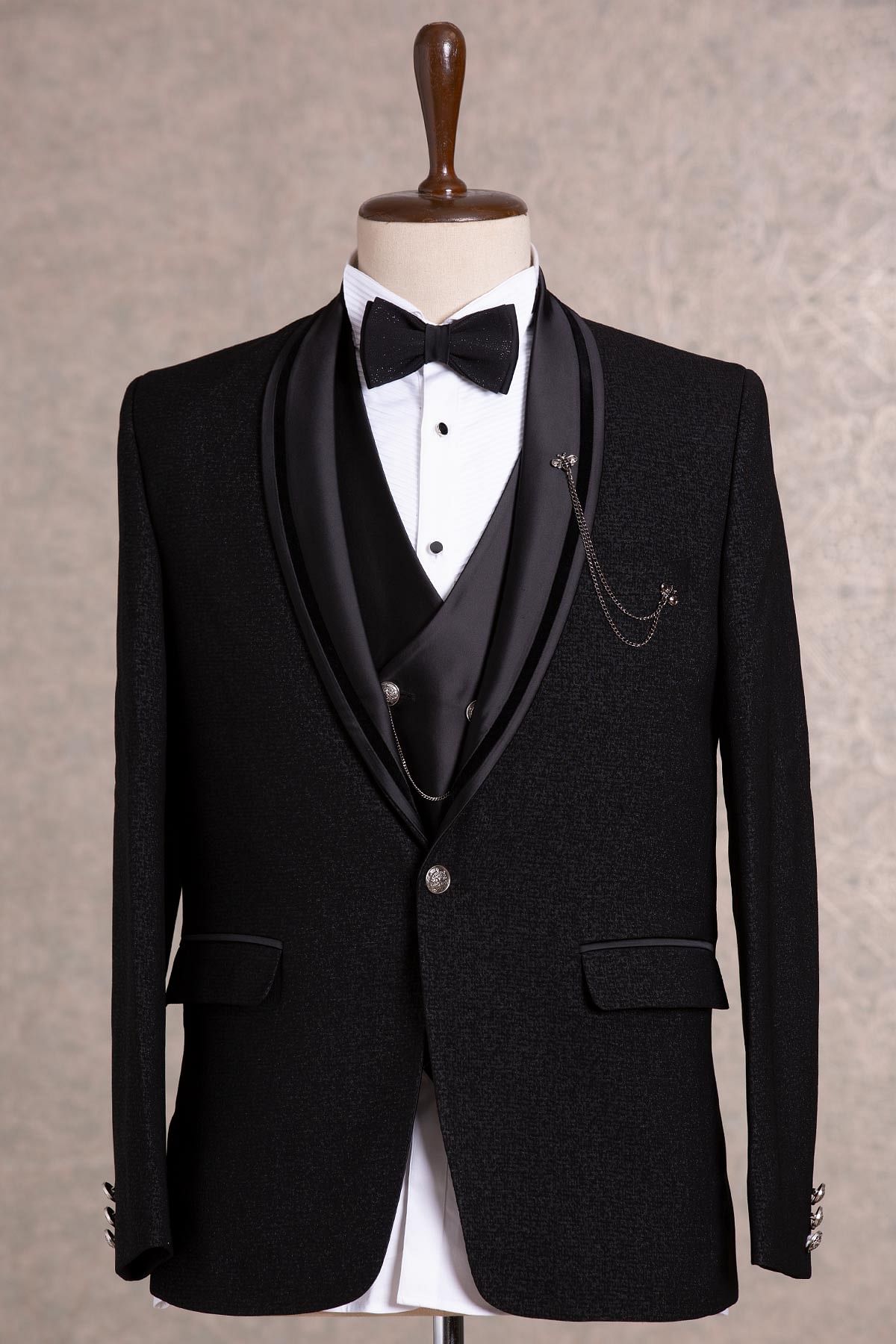 Readymade Black Embroidered Tuxedo Suit For Men