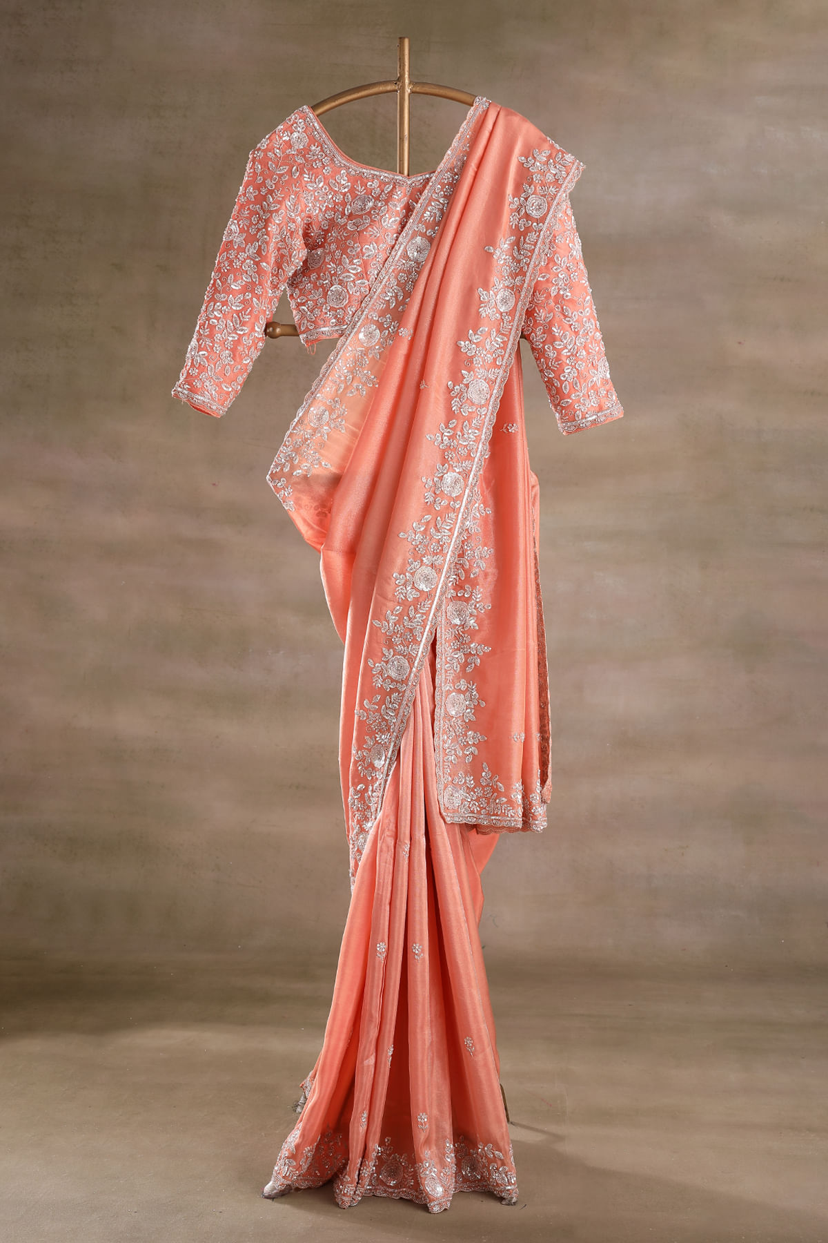 Salmon Pink Sequins Embroidered Tissue Saree with Readymade Full Sleeves Blouse-GJ4332