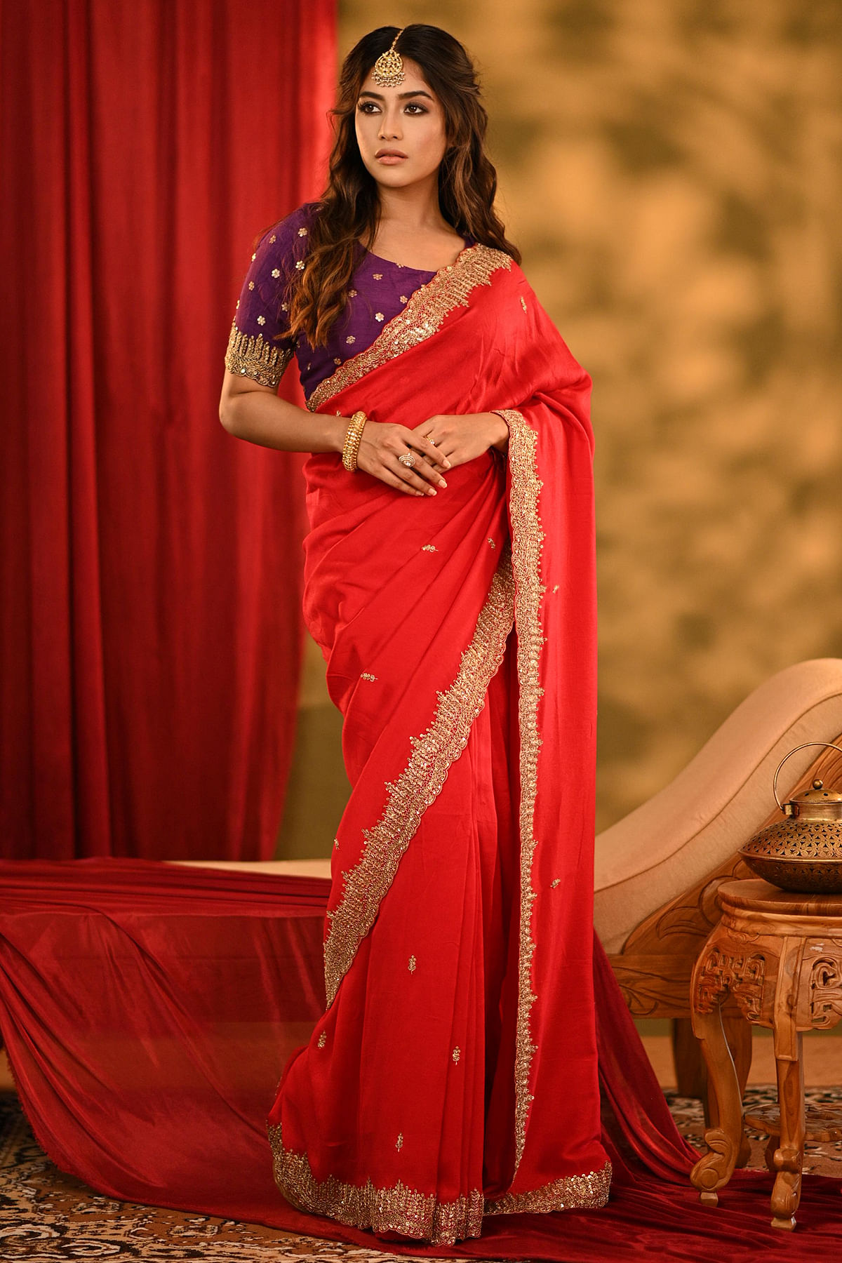 Sampaada Shines in Samyakk Scarlet Red Sequins Embroidered Silk Saree-SR27409