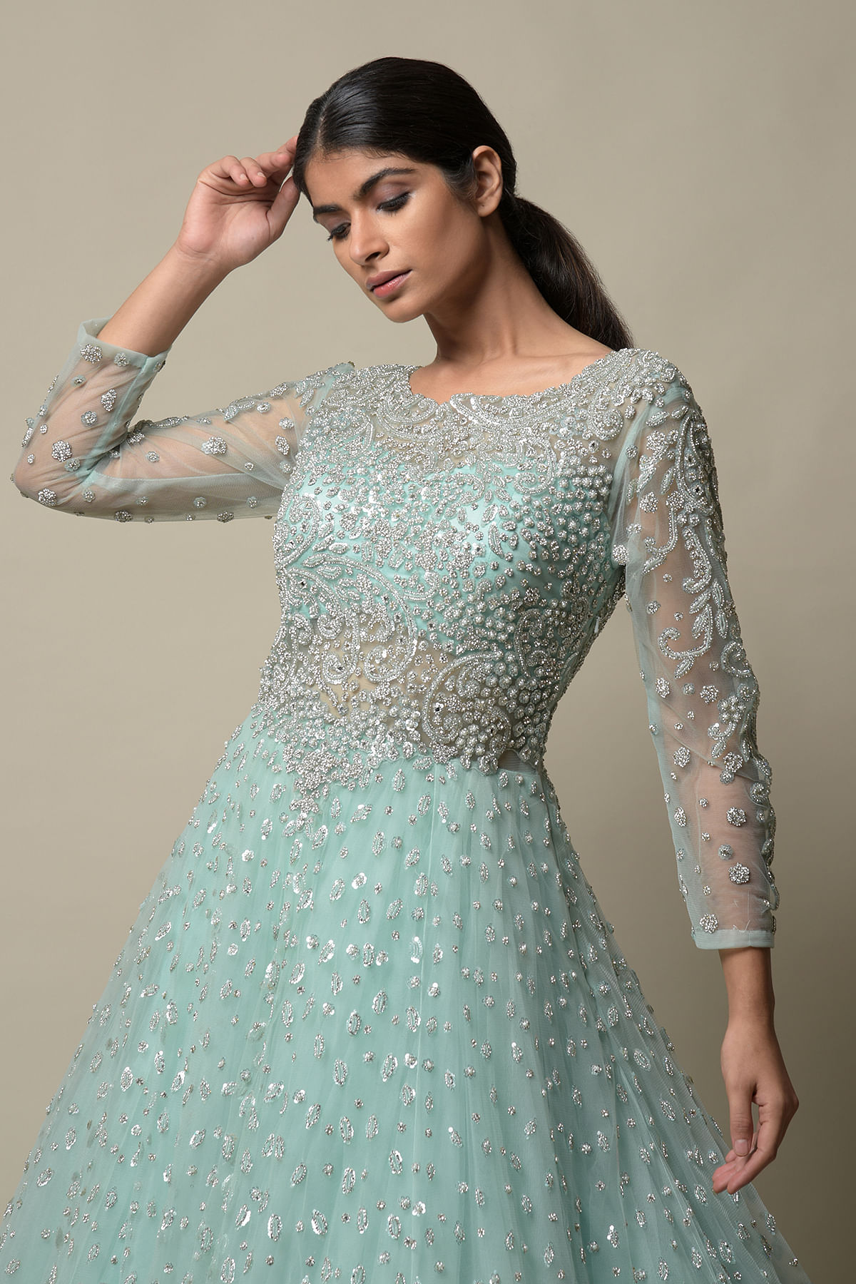 Shop Online Sea Green Embroidered Rayon Trendy Gown : 252104 -