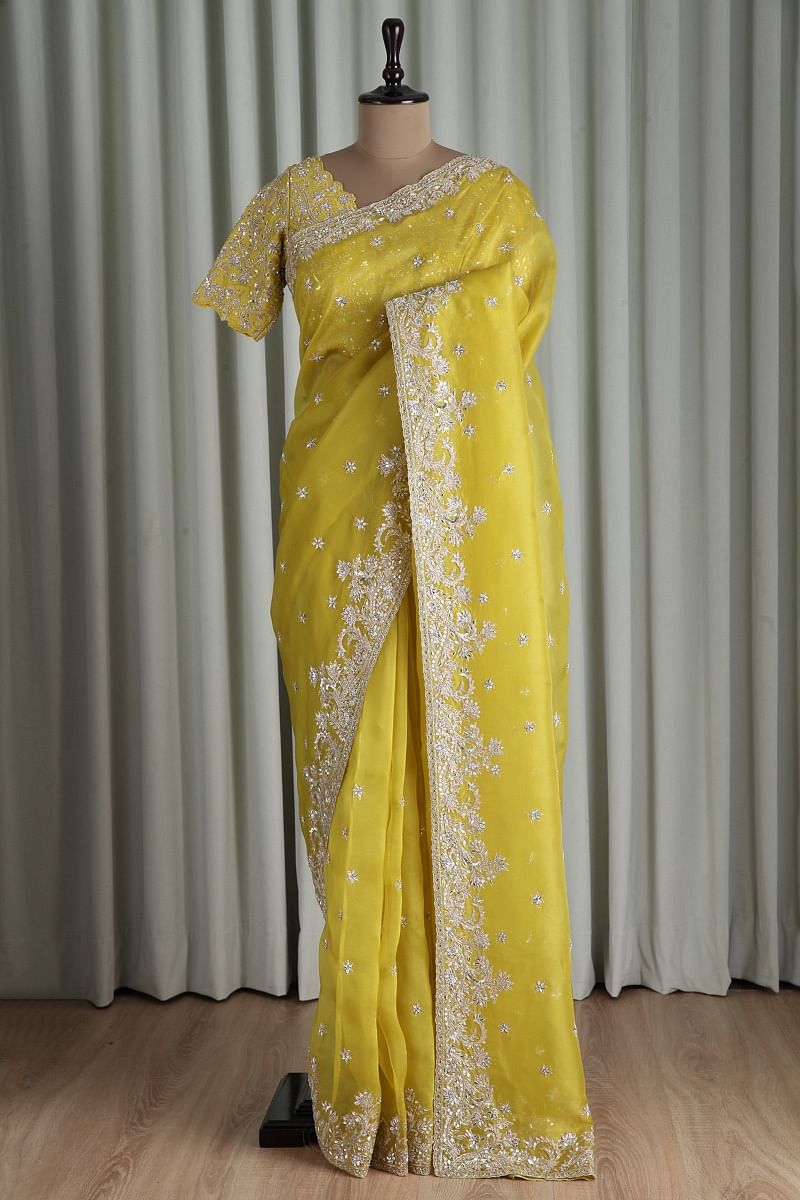 Buy Mellow Yellow Gota Embroidered Organza Saree Online | Samyakk