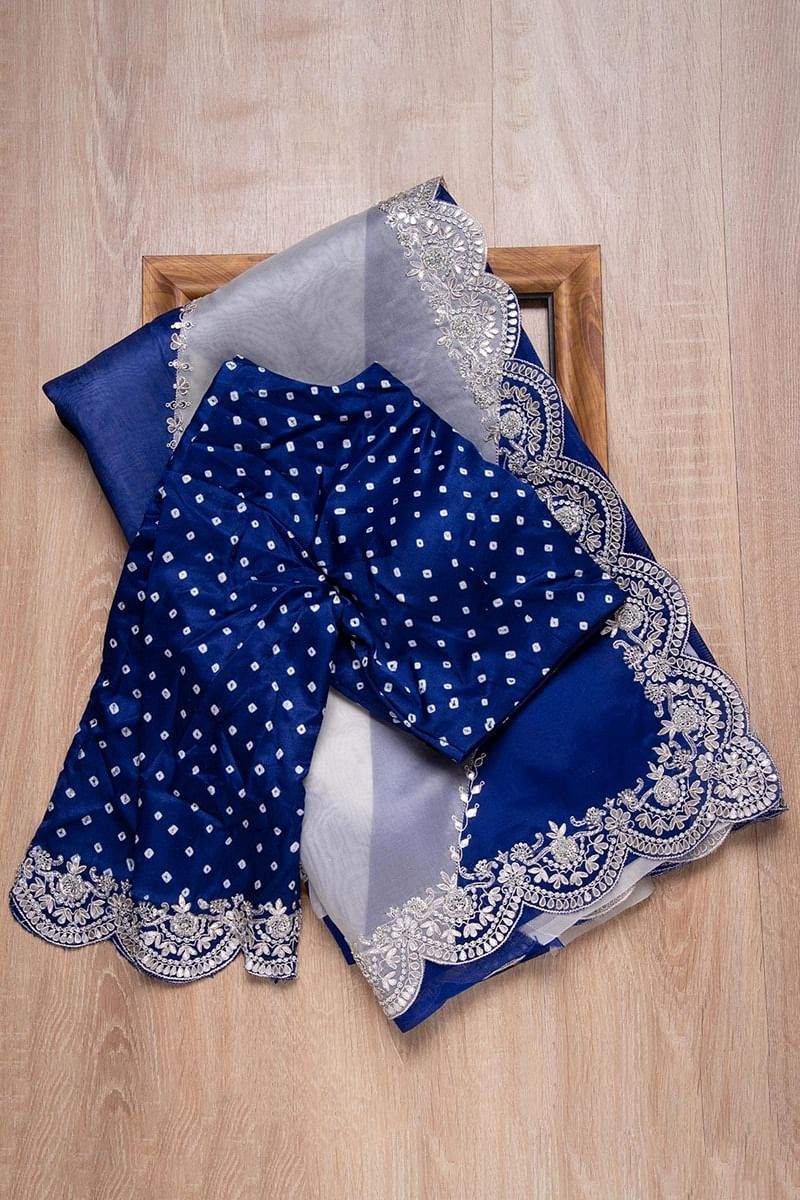 Blue & White Dual Shade Gota Embroidered Organza Saree